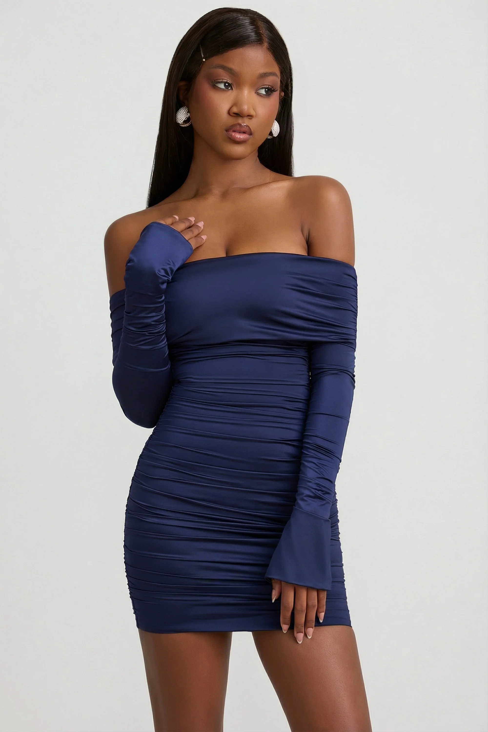 Bow-Detail Off-Shoulder Mini Dress in True Navy - Image 7