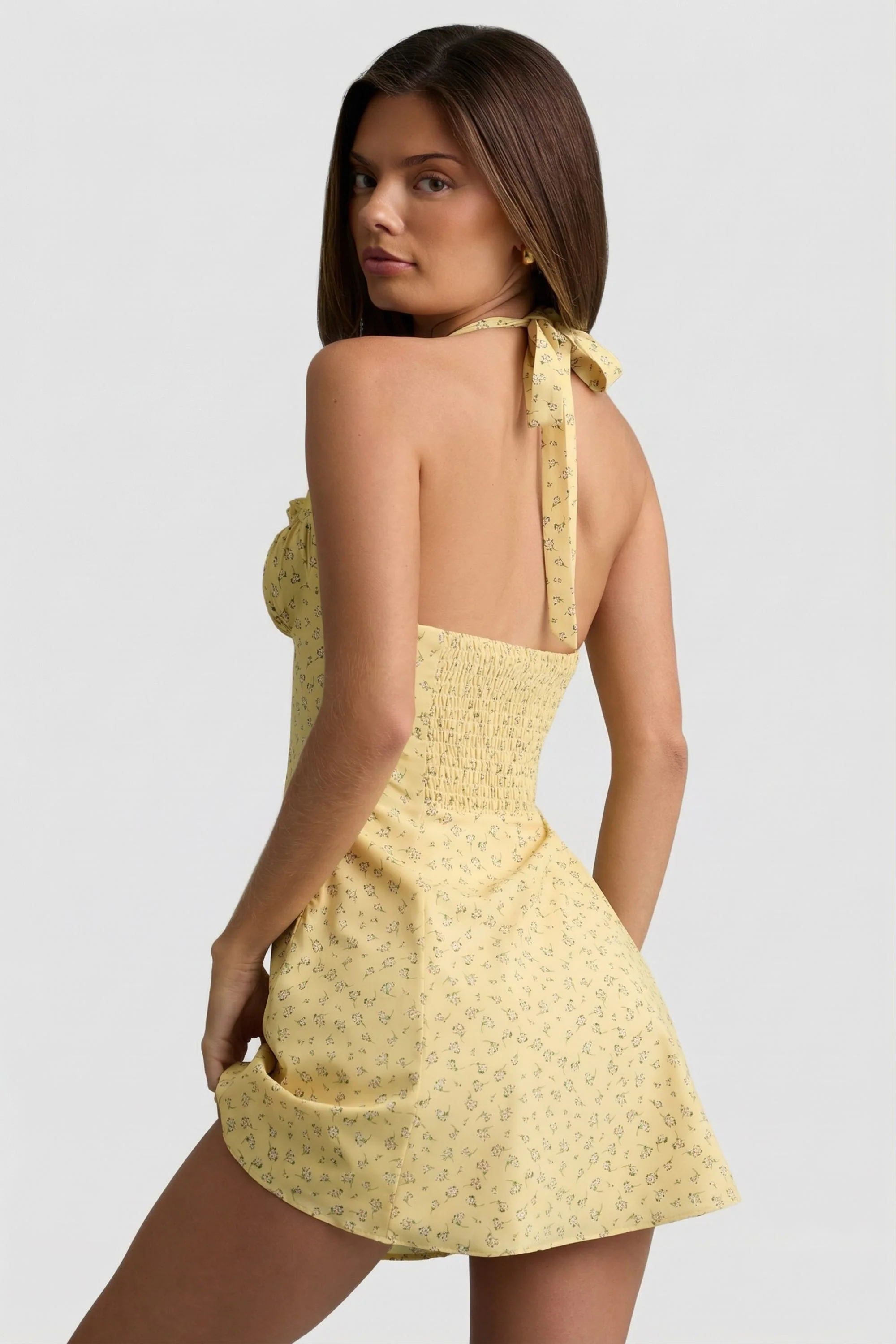 Halterneck A-Line Mini Dress in Yellow Flower Print - Image 2