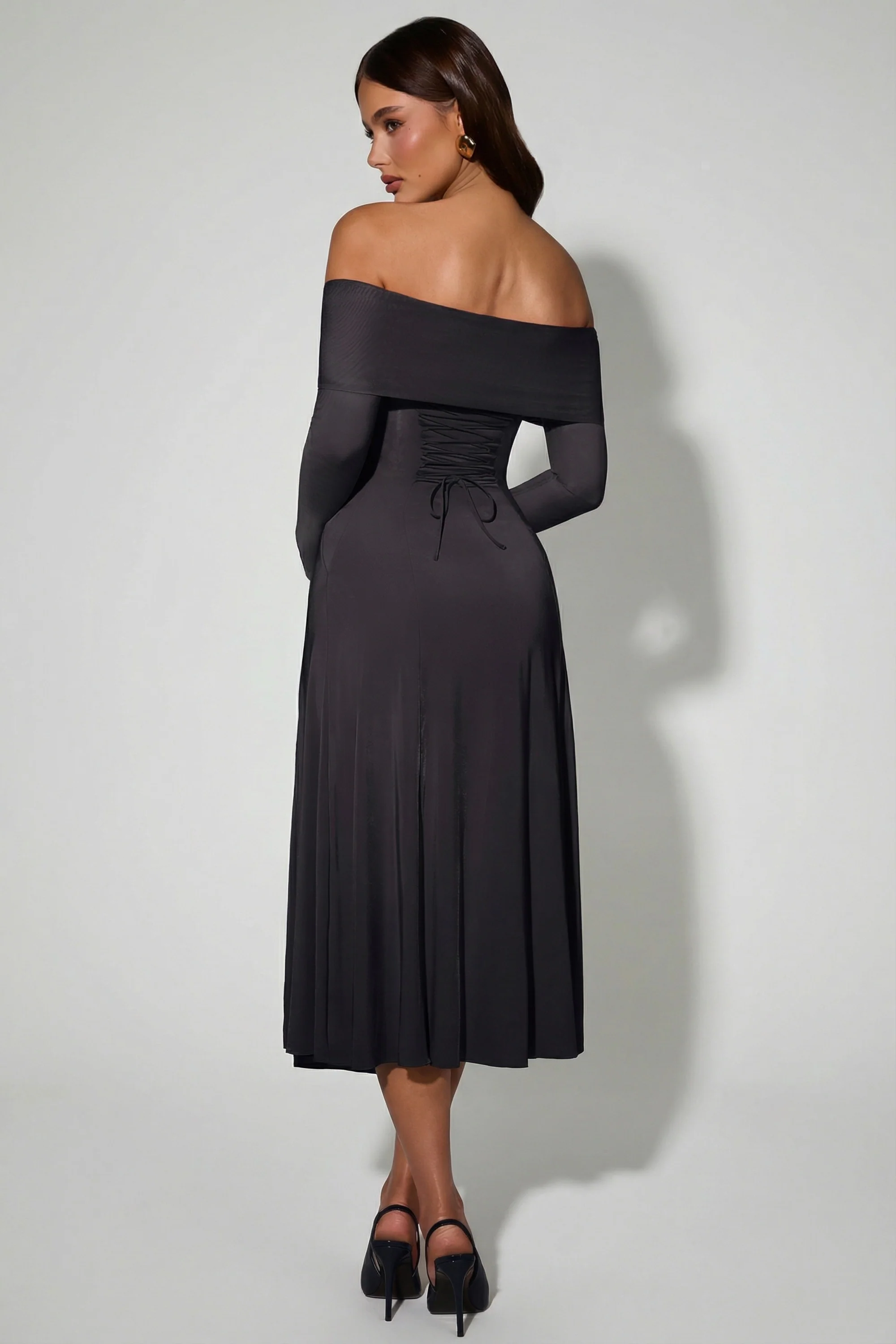 Off-Shoulder Lace-Up A-Line Midaxi Dress in Black - Image 2