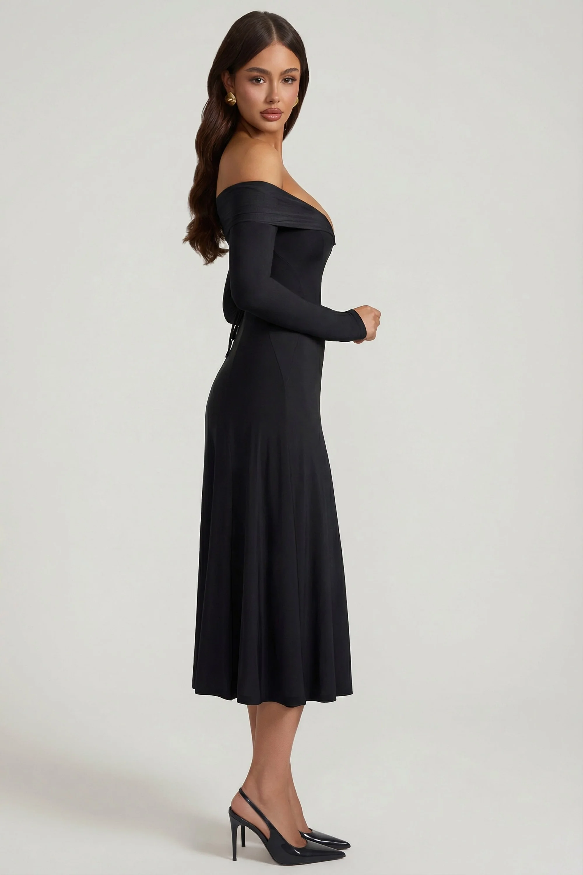 Off-Shoulder Lace-Up A-Line Midaxi Dress in Black - Image 3
