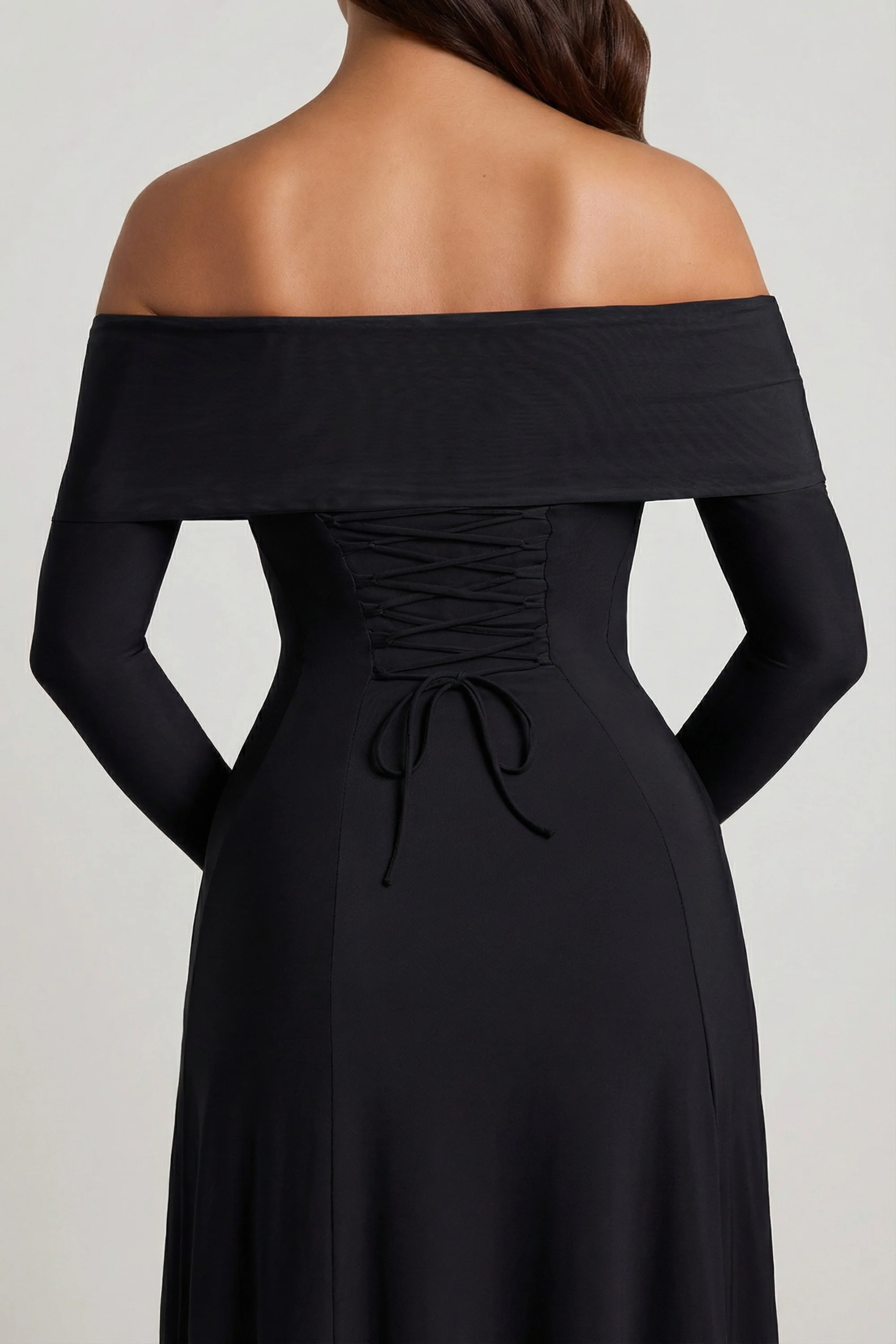 Off-Shoulder Lace-Up A-Line Midaxi Dress in Black - Image 5