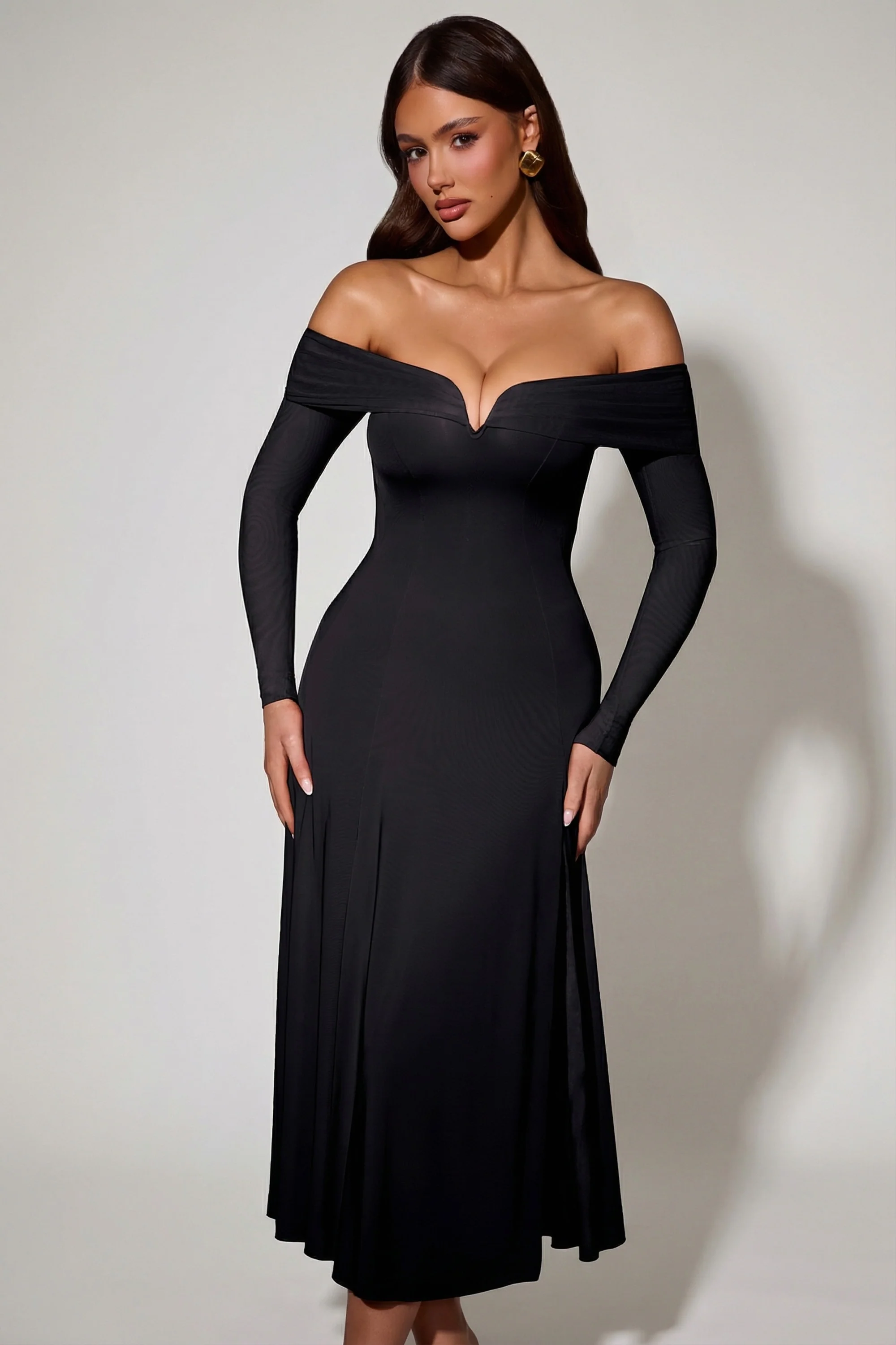 Off-Shoulder Lace-Up A-Line Midaxi Dress in Black - Image 6