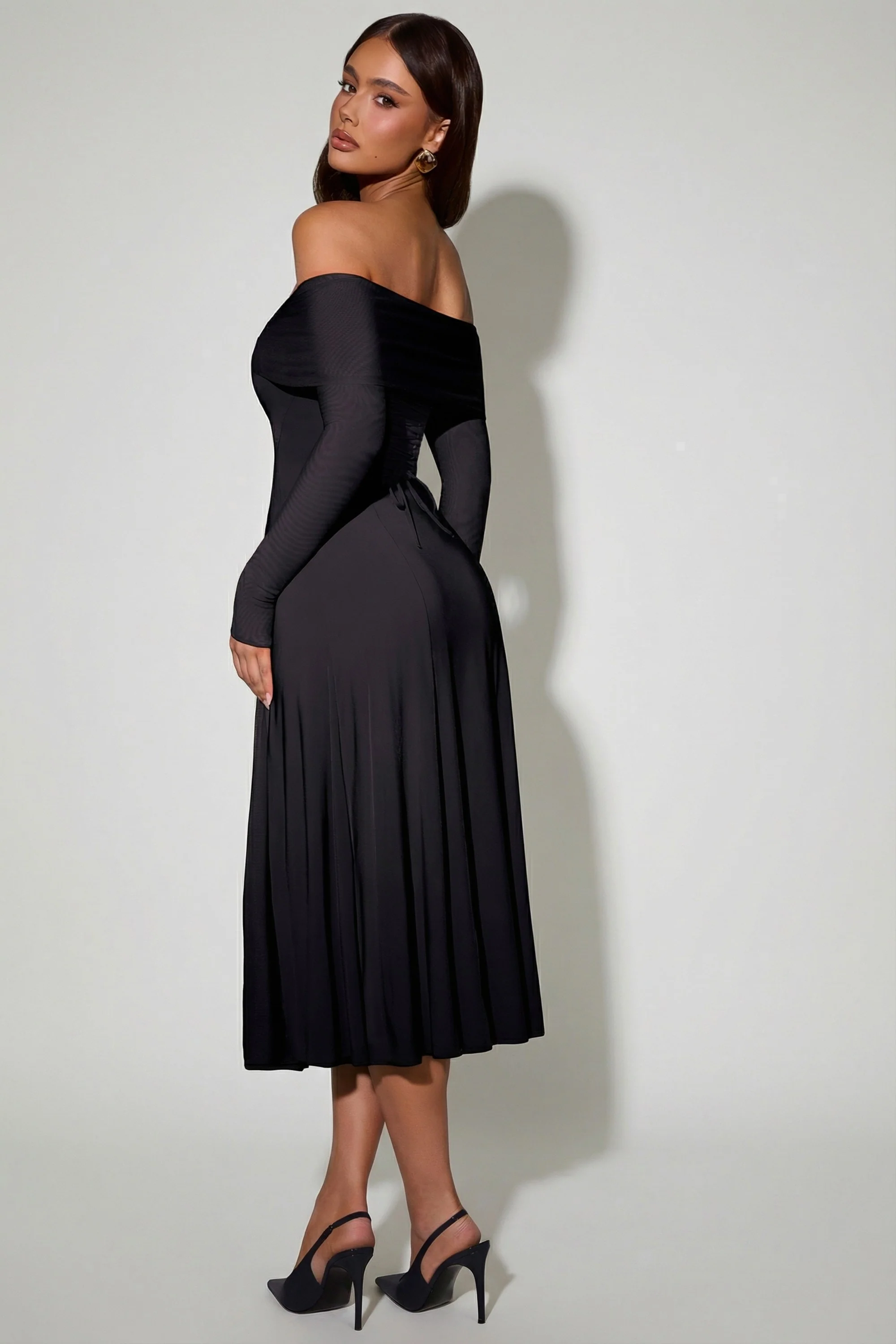 Off-Shoulder Lace-Up A-Line Midaxi Dress in Black - Image 9