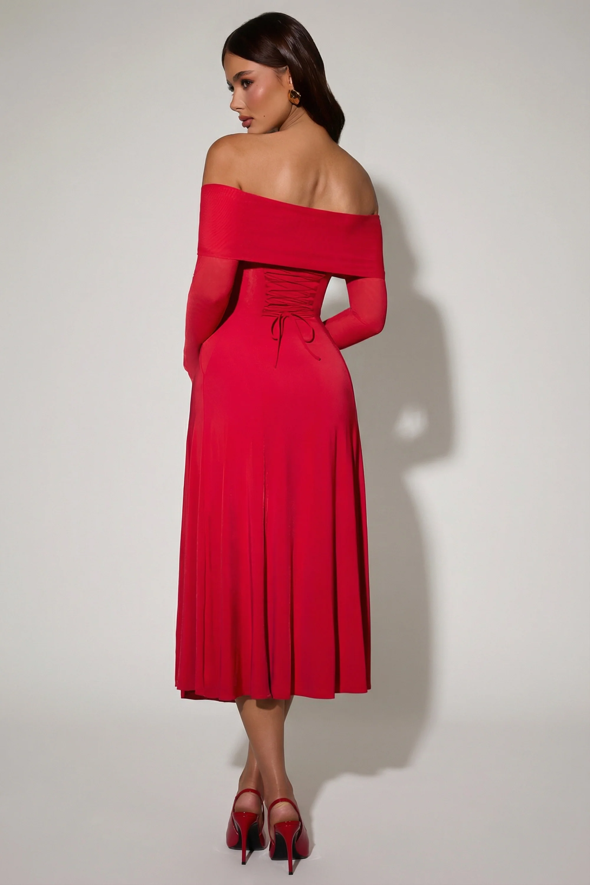 Off-Shoulder Lace-Up A-Line Midaxi Dress in Red - Image 2