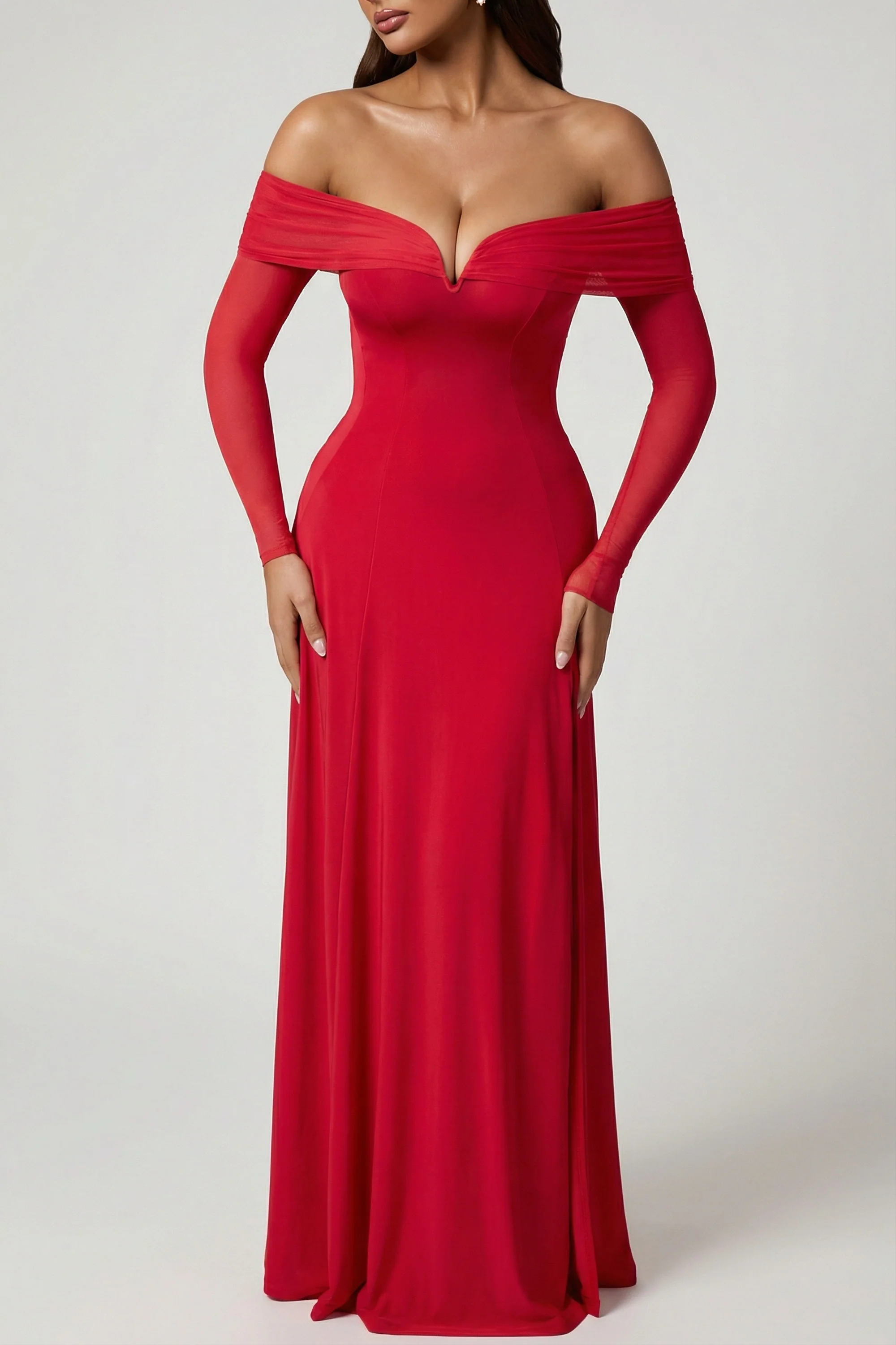 Off-Shoulder Lace-Up A-Line Midaxi Dress in Red - Image 3