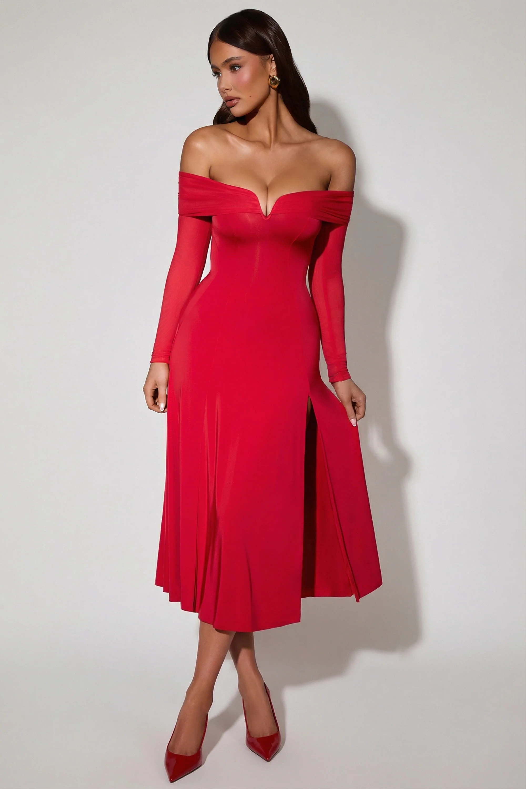 Off-Shoulder Lace-Up A-Line Midaxi Dress in Red - Image 5