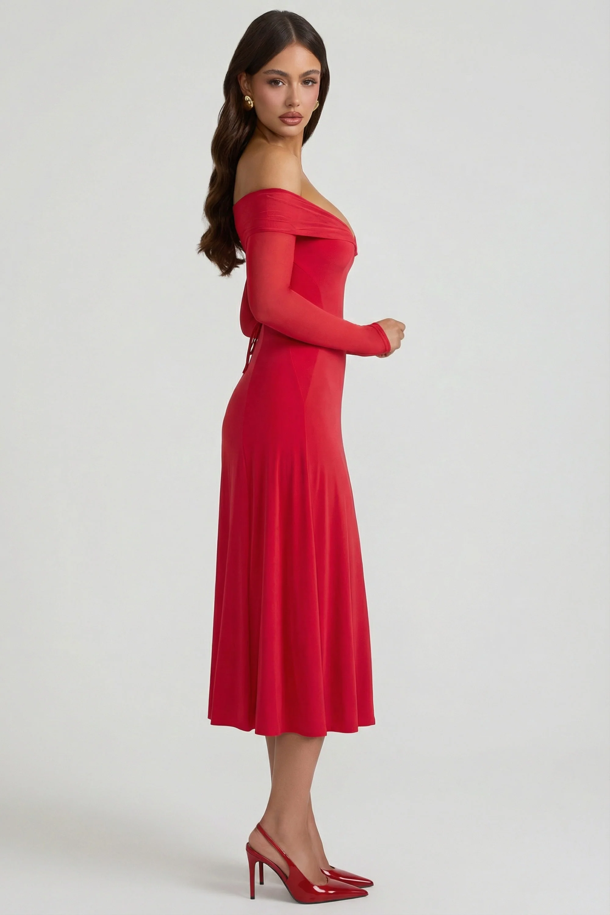 Off-Shoulder Lace-Up A-Line Midaxi Dress in Red - Image 6