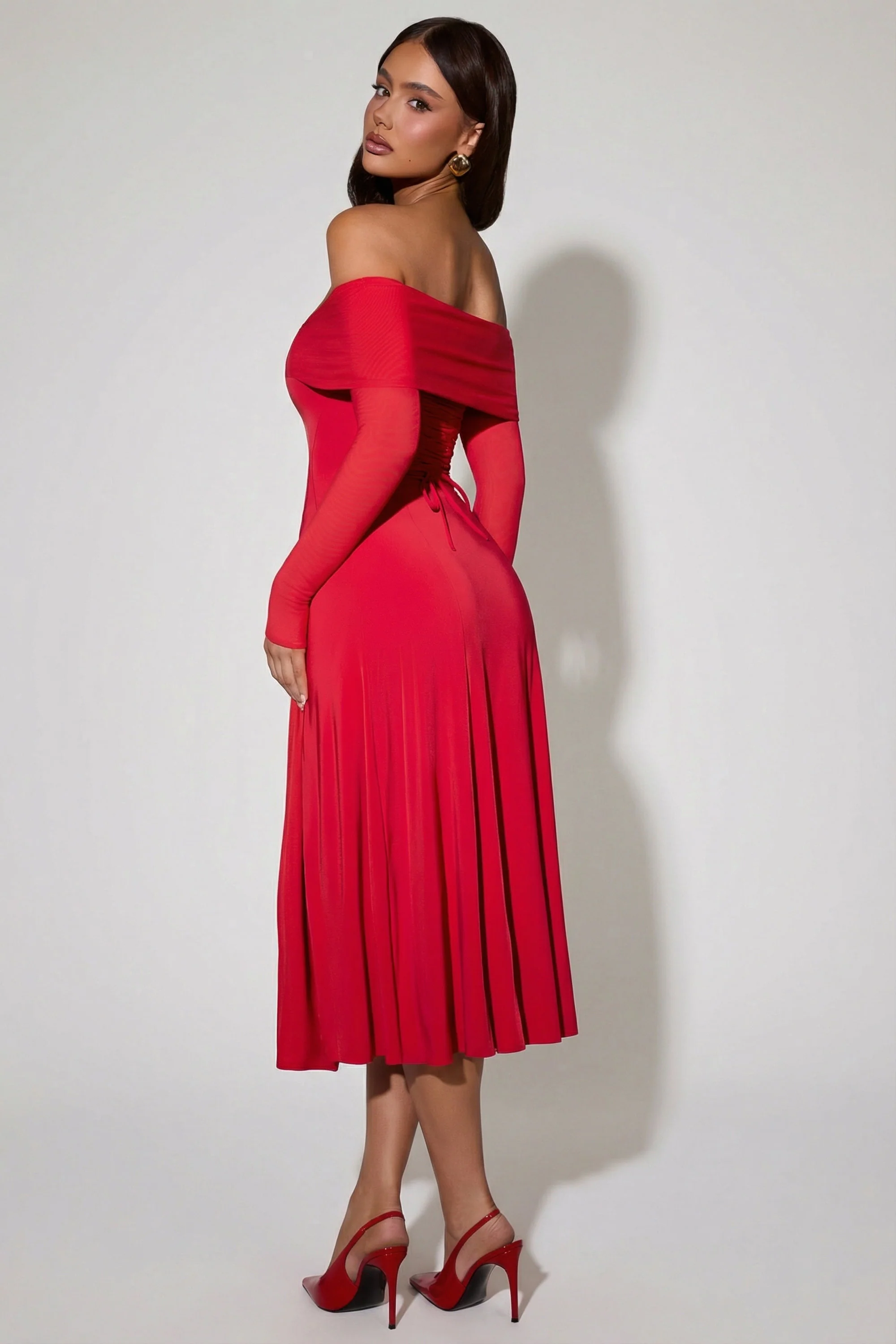 Off-Shoulder Lace-Up A-Line Midaxi Dress in Red - Image 9