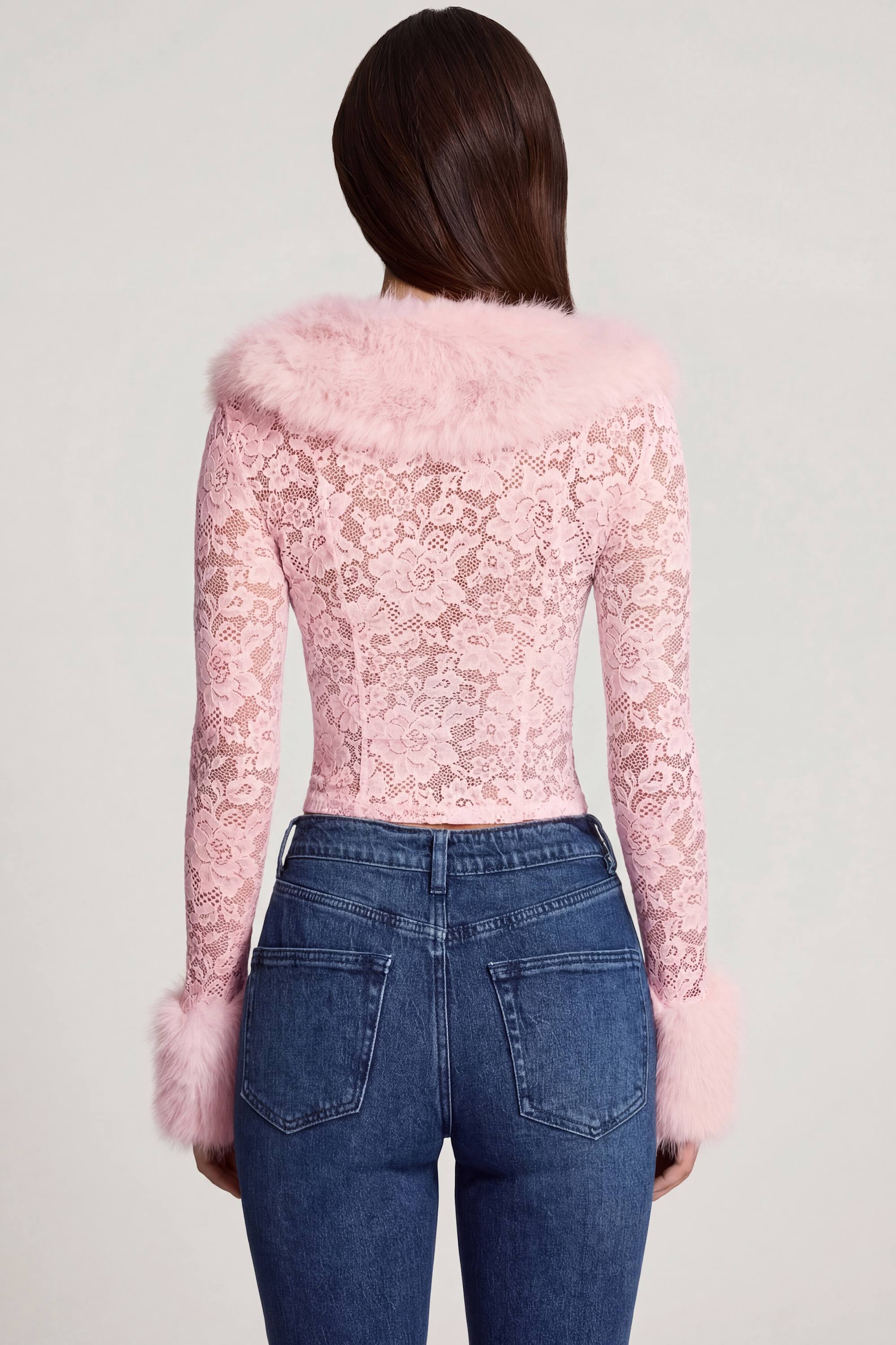 Sheer Lace Faux-Fur-Trim Cardigan in Pink - Image 2