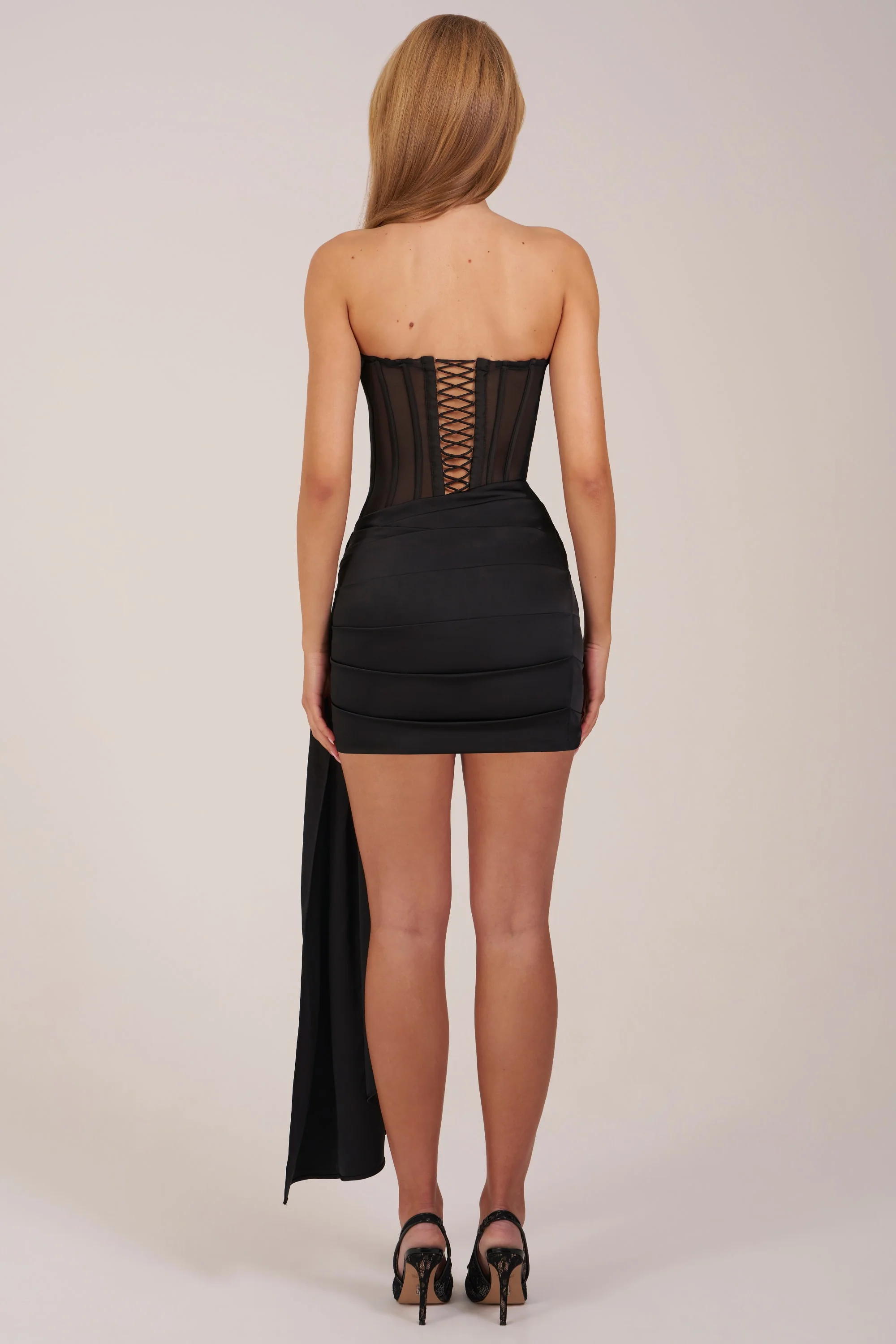 Bandeau Lace-Up Corset Mini Dress in Black - Image 2