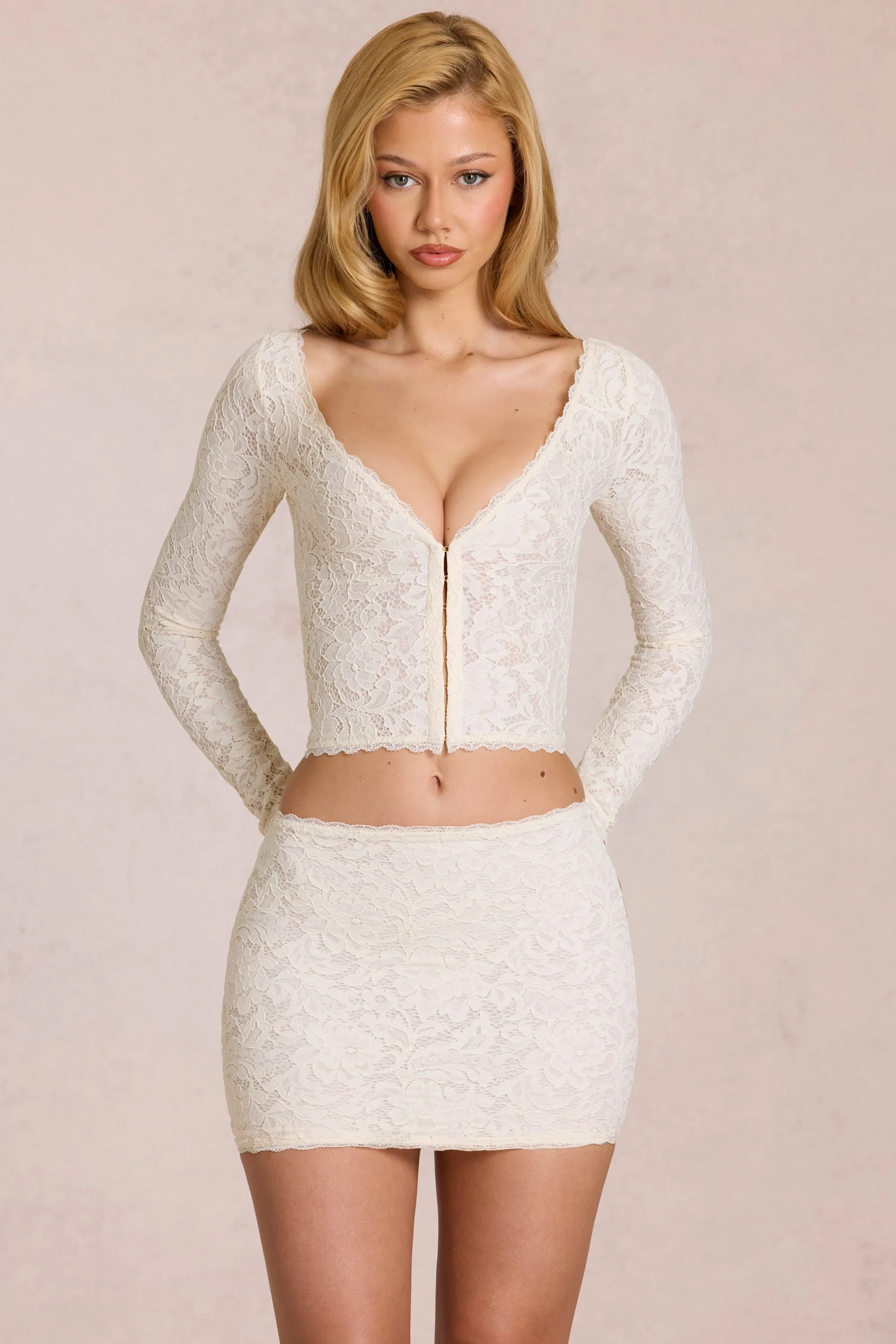 Lace Plunge Cardigan  in Pearl - Image 7