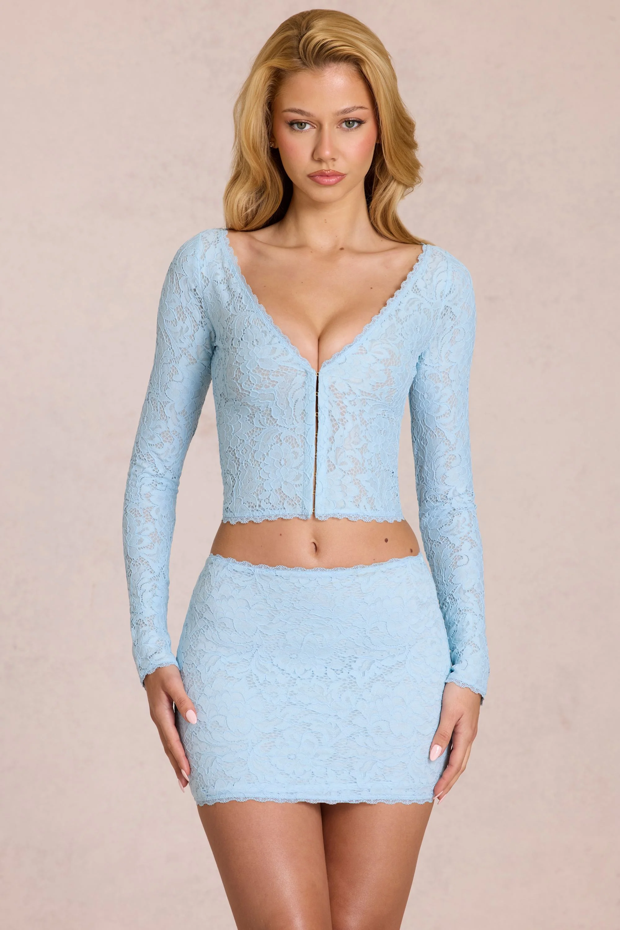 Lace Plunge Cardigan in Powder Blue - Image 5