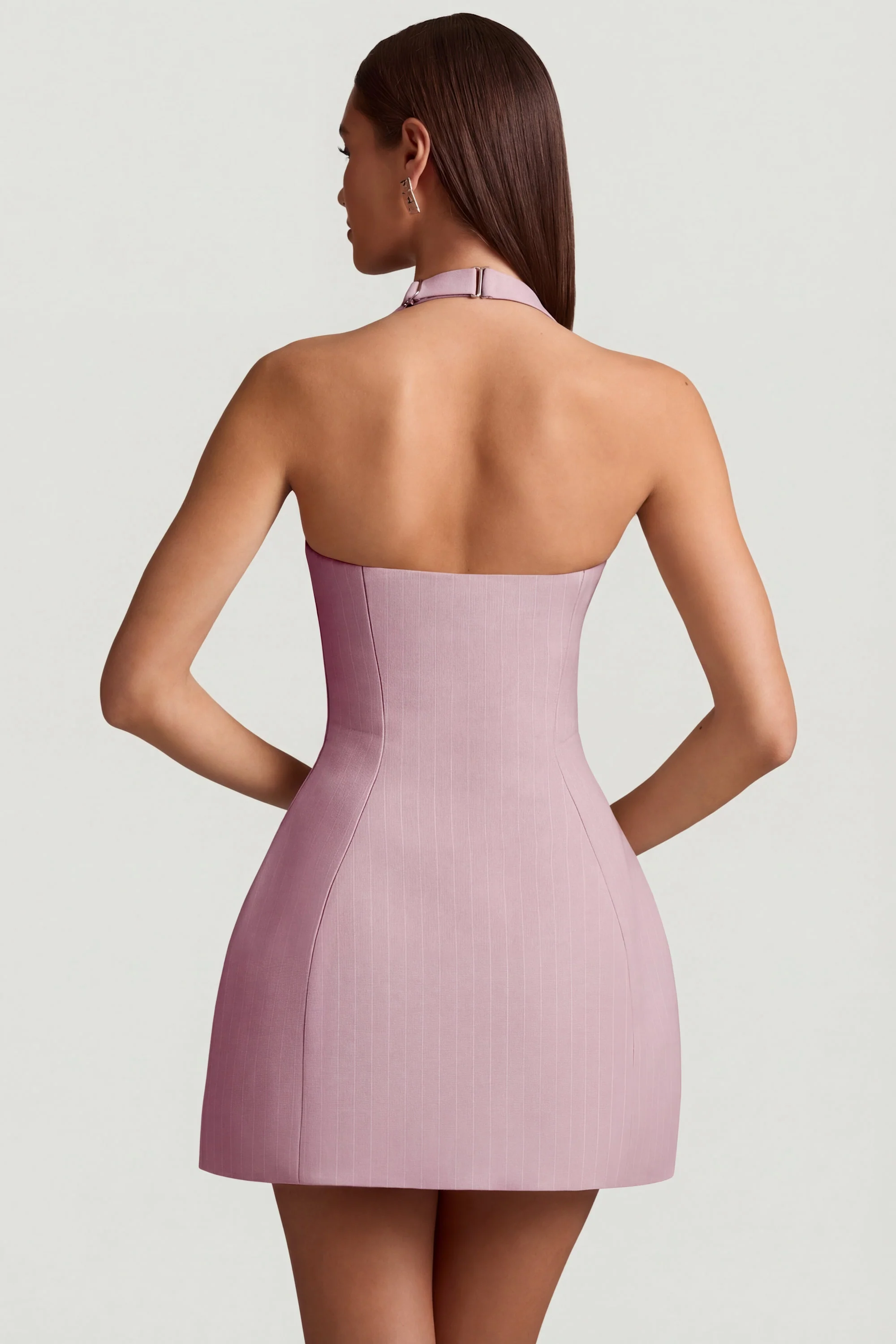 Pinstripe Halterneck Structured A-Line Mini Dress in Mauve - Image 3
