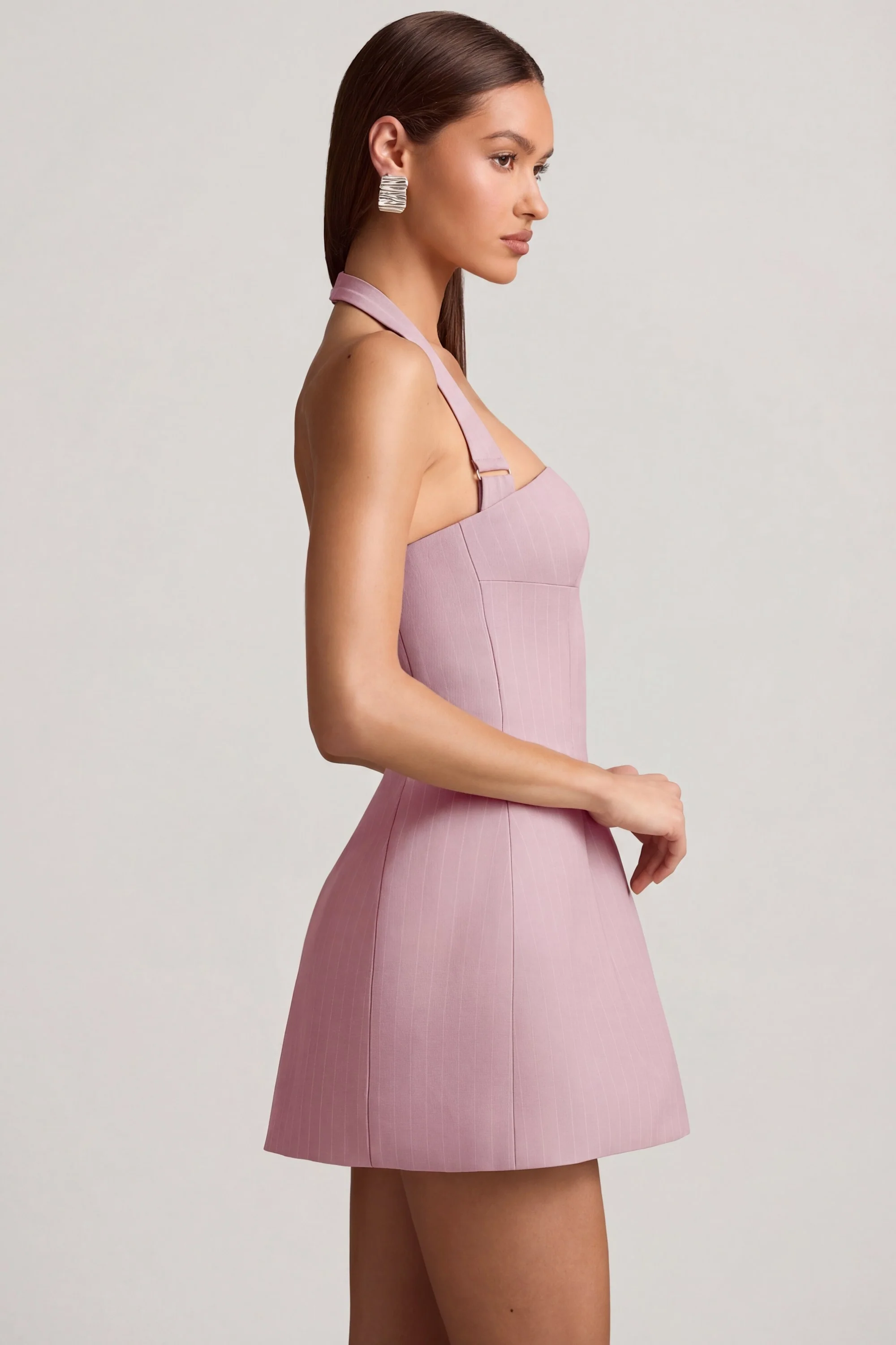 Pinstripe Halterneck Structured A-Line Mini Dress in Mauve - Image 4
