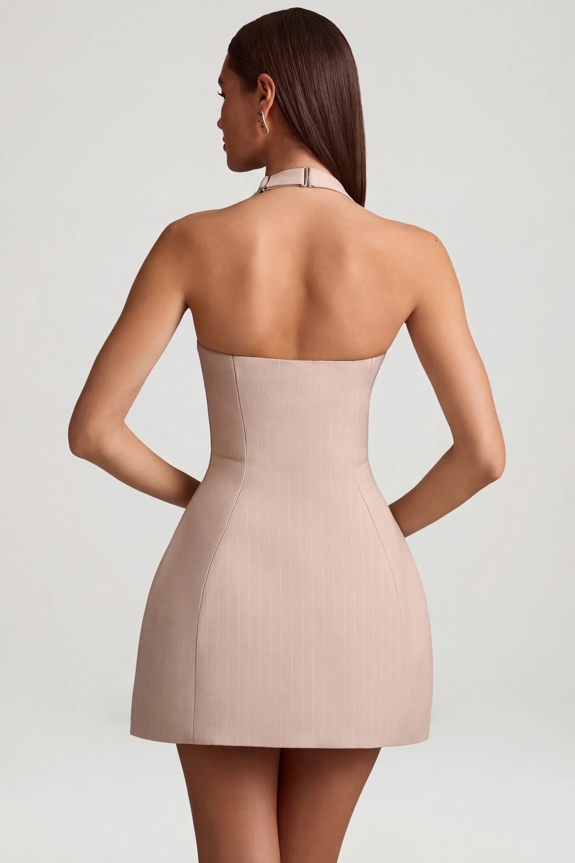 Pinstripe Halterneck Structured A-Line Mini Dress in Mushroom - Image 3