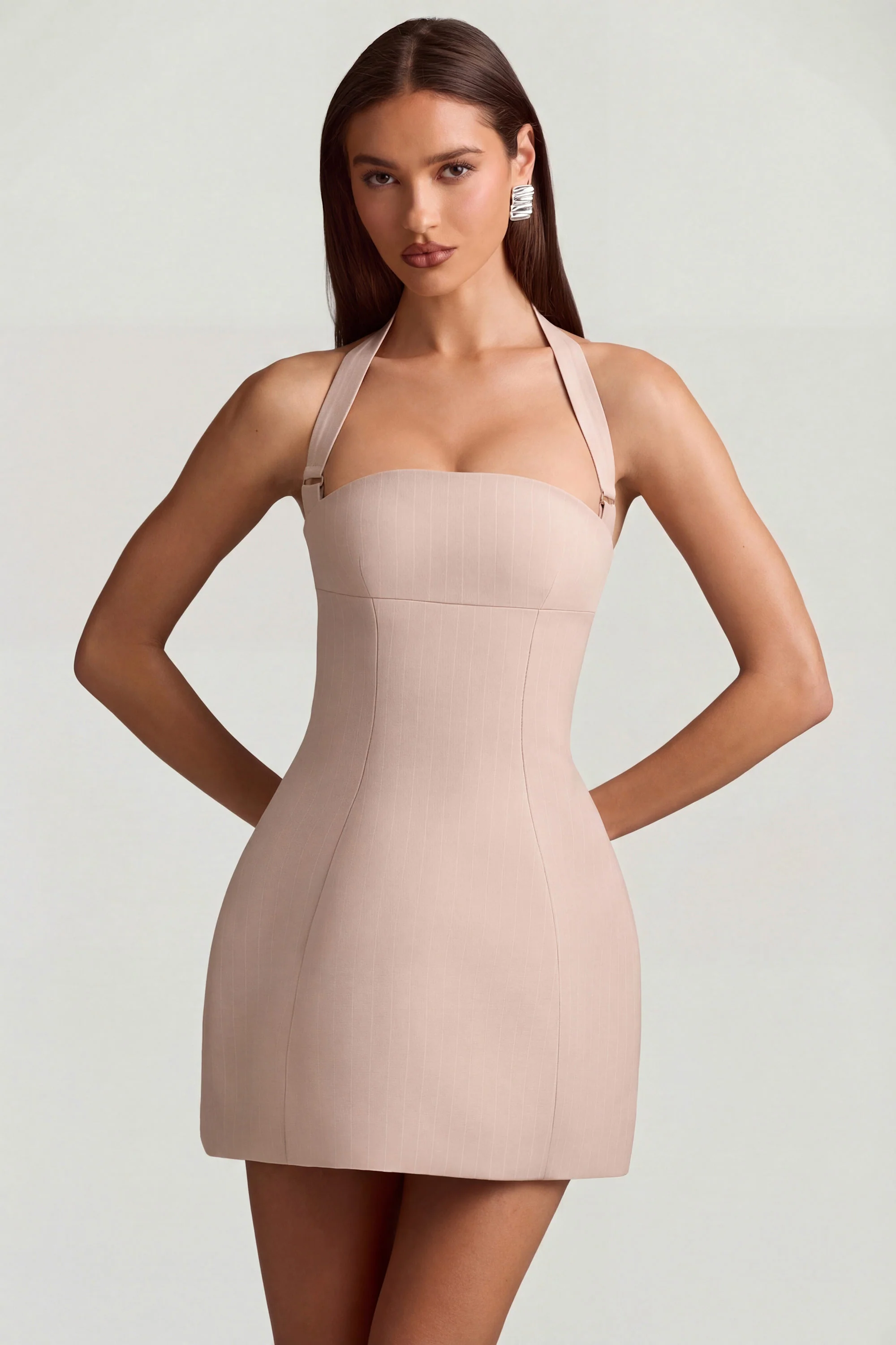 Pinstripe Halterneck Structured A-Line Mini Dress in Mushroom - Image 7