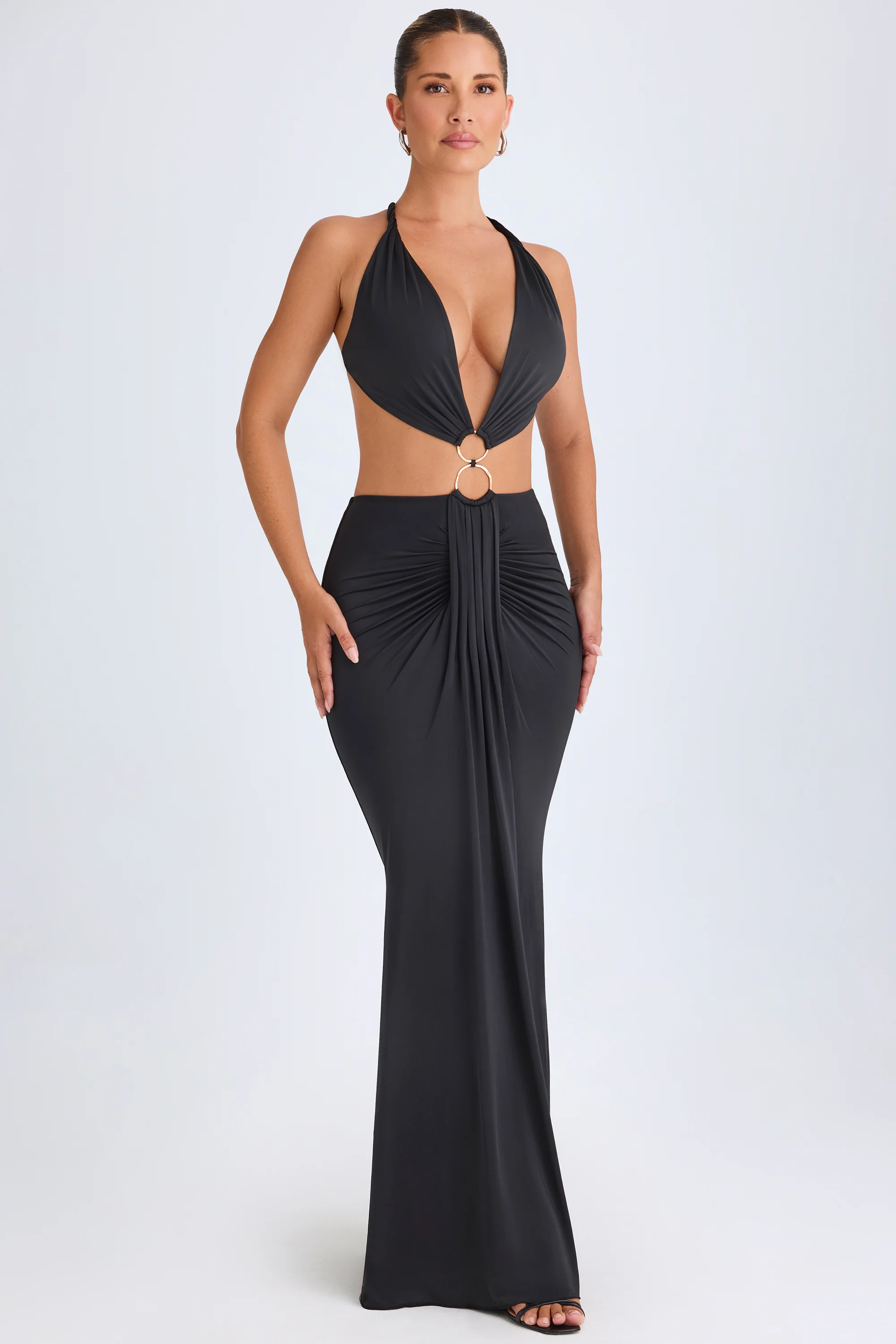 Hardware Detail Cut-Out Halterneck Maxi Dress in Black - Image 4