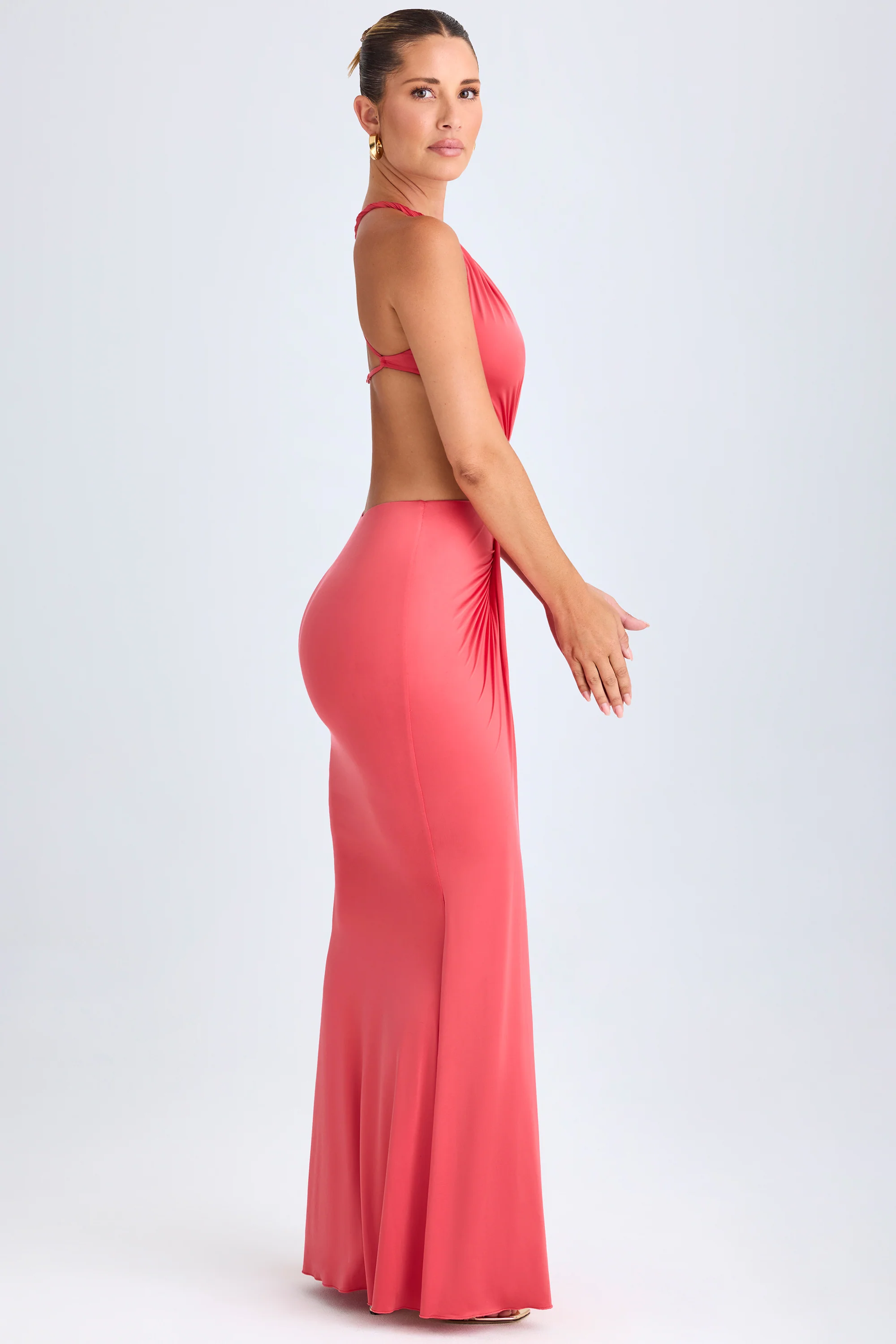 Hardware Detail Cut-Out Halterneck Maxi Dress in Coral - Image 3