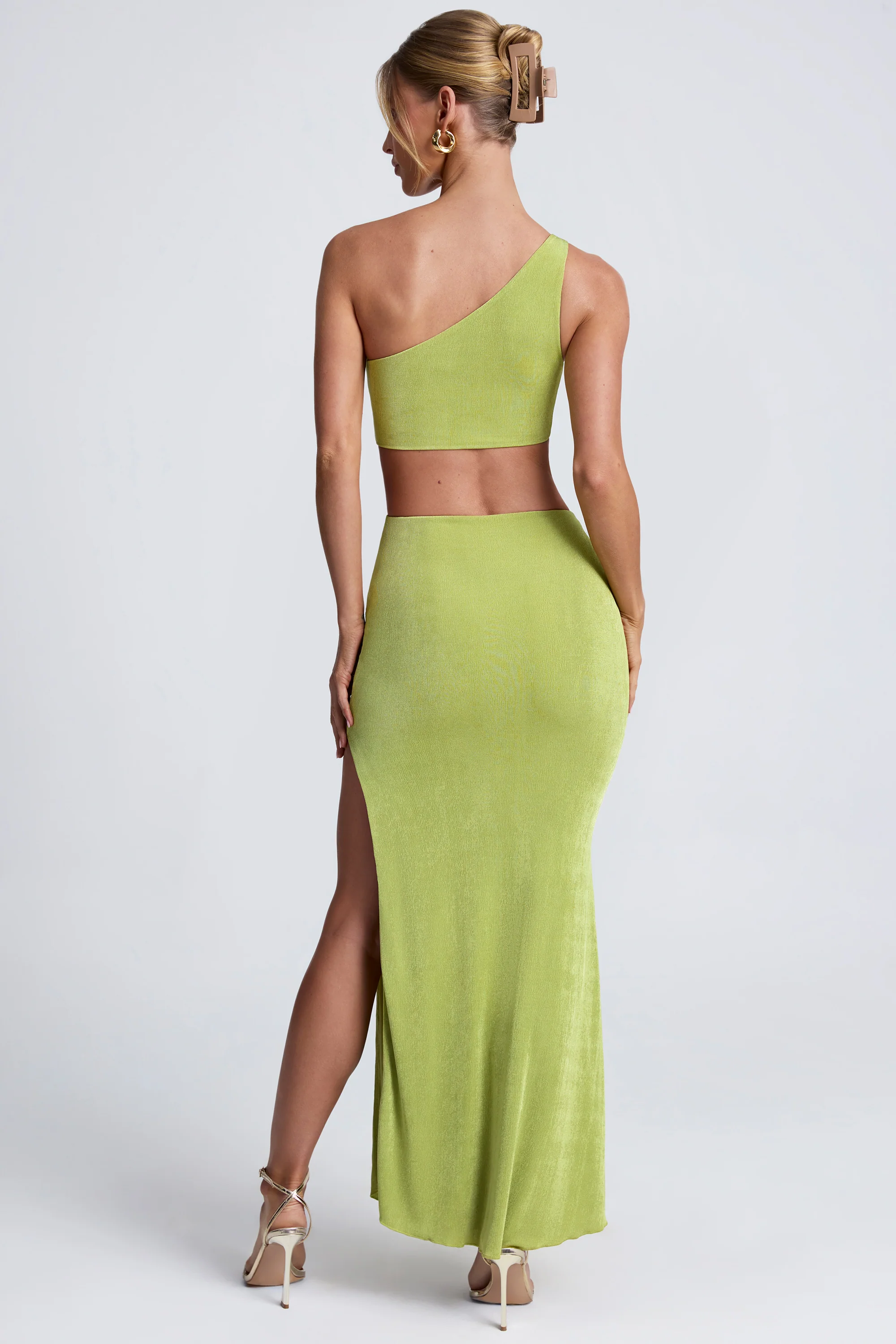 Hardware Detail One-Shoulder Maxi Dress in Olive Green - Image 2