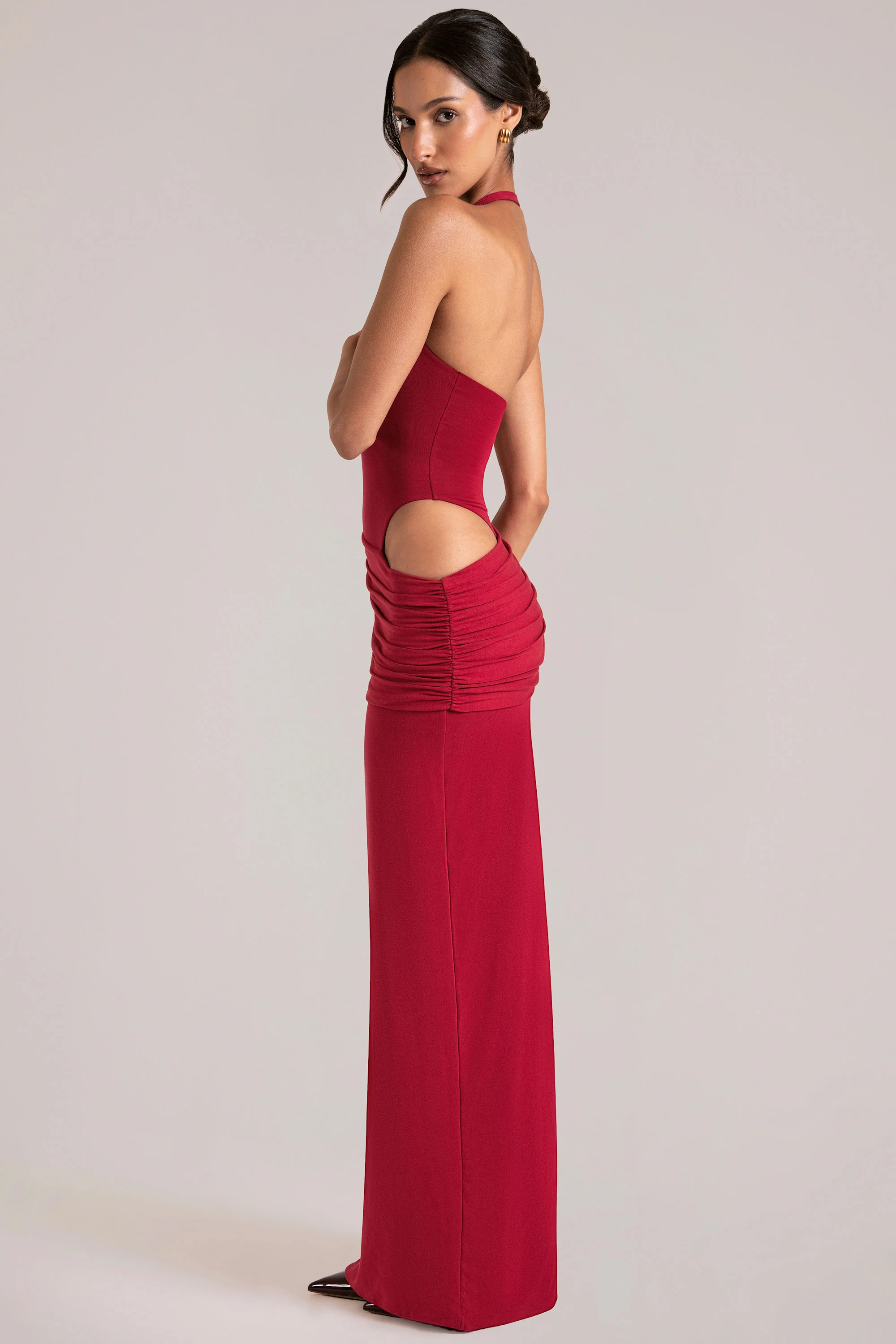 Deep Plunge Halterneck Maxi Dress in Cherry Red - Image 5