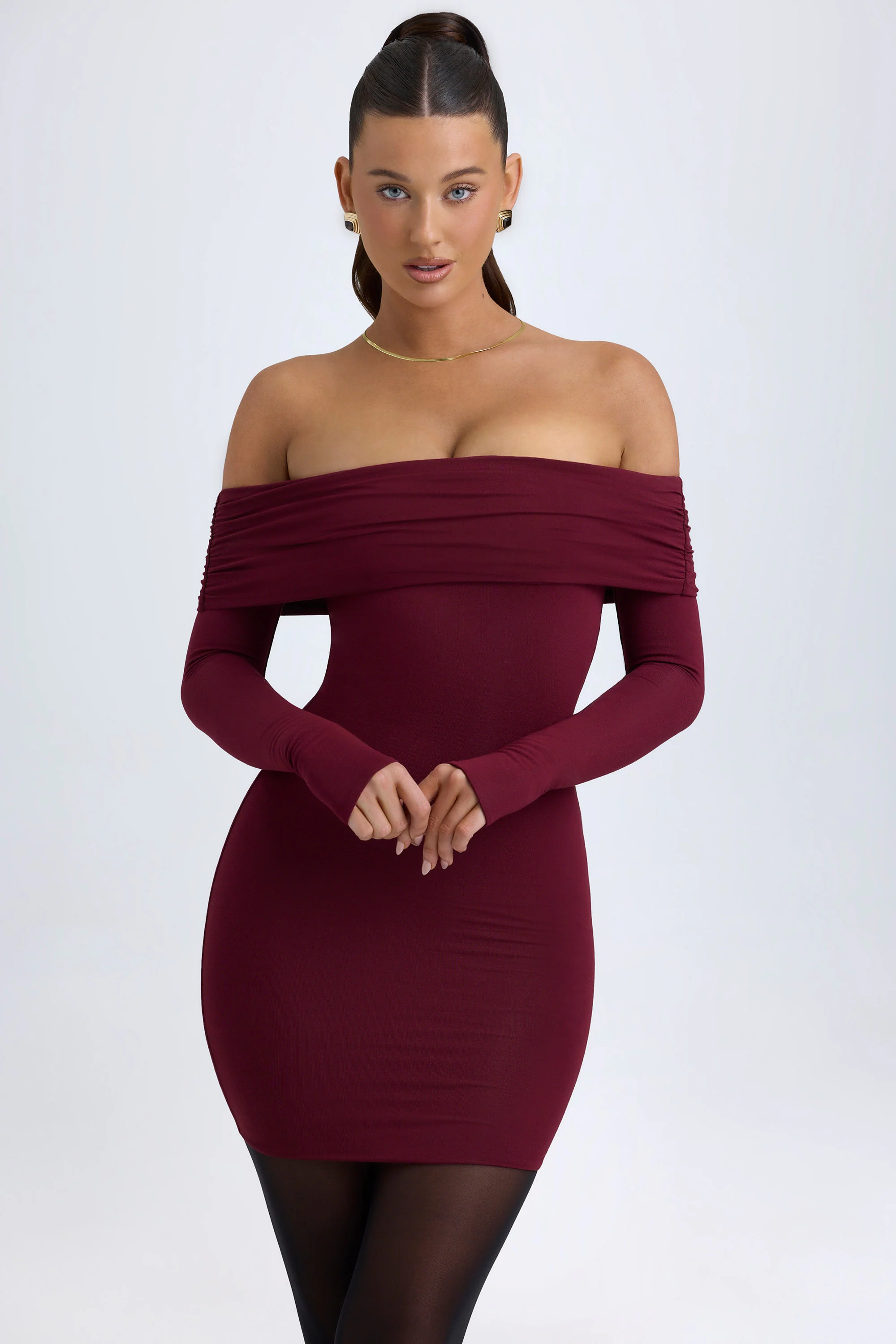 Modal Off-Shoulder Mini Dress in Wine Red - Image 6