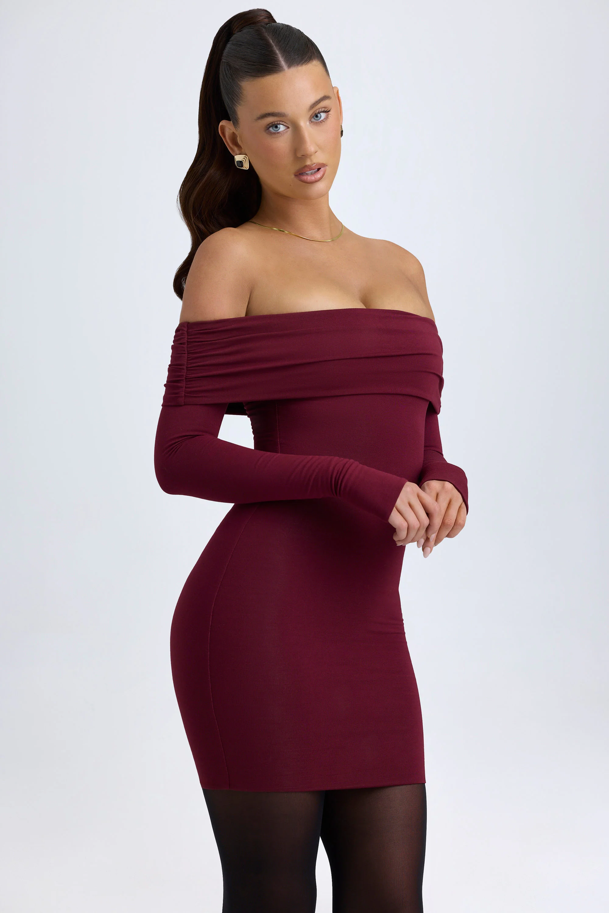 Modal Off-Shoulder Mini Dress in Wine Red - Image 7
