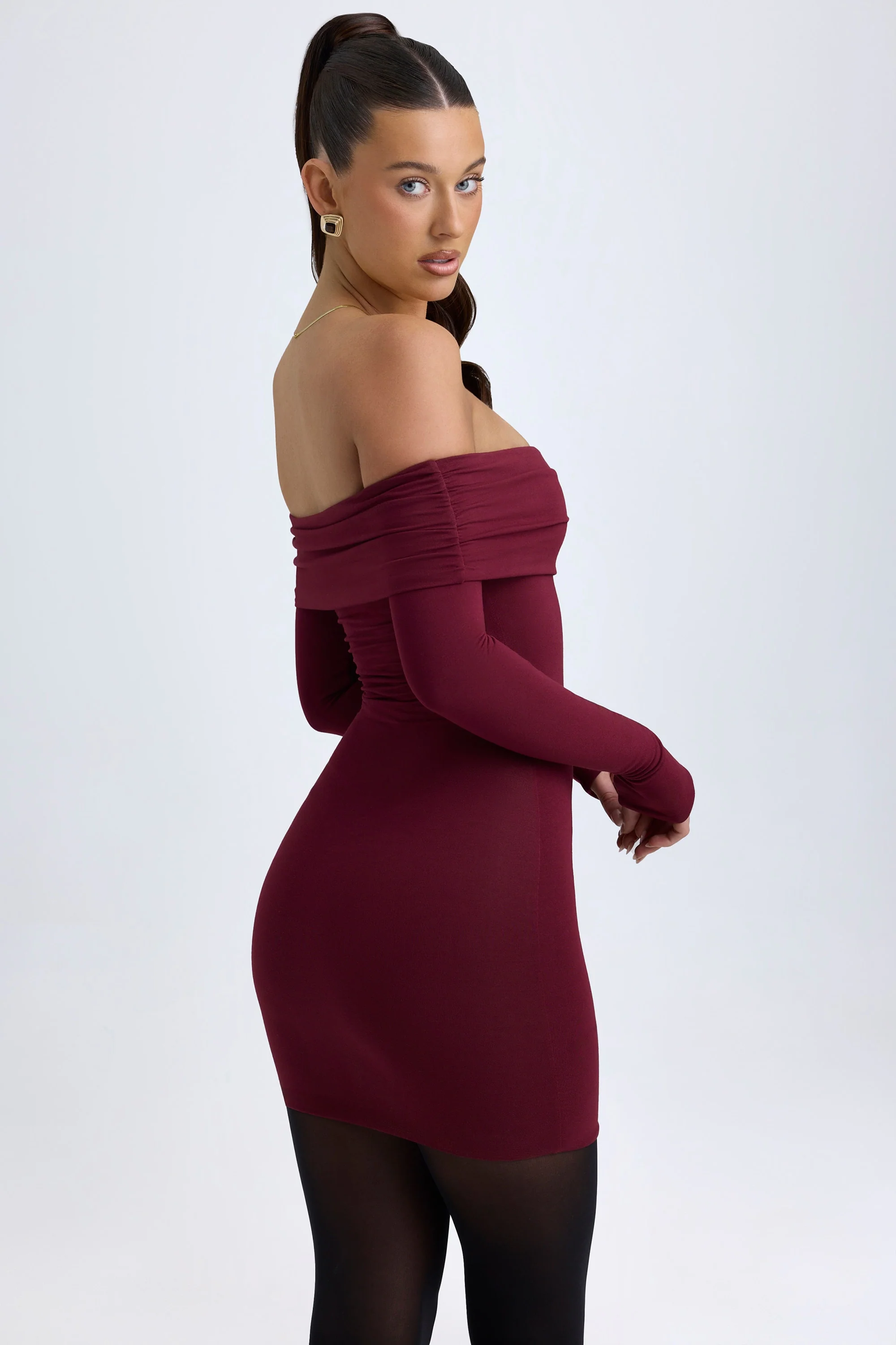 Modal Off-Shoulder Mini Dress in Wine Red - Image 8