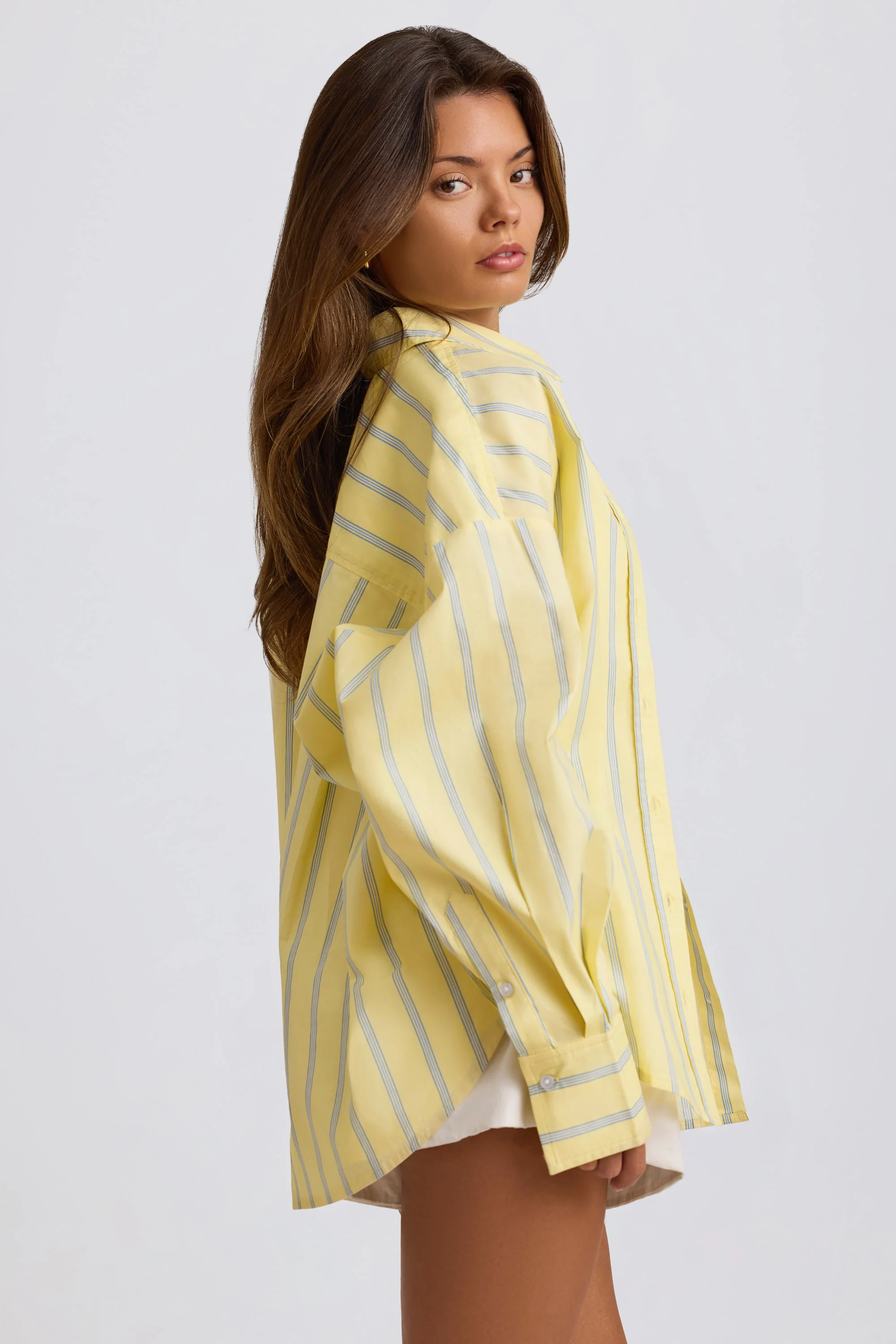 Cotton Poplin Stripe Oversized Shirt in Yellow Stripe - Image 3
