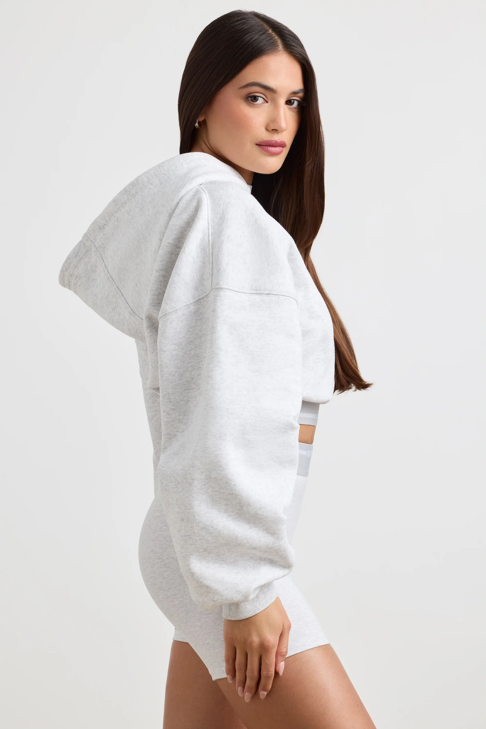 Stretch Cotton Fleece Cropped Hoodie in Grey Marl - Image 3