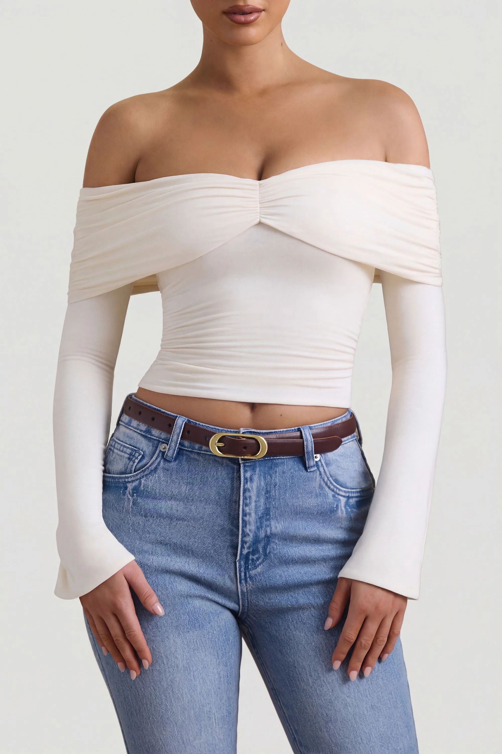 Modal-Cashmere Blend Off-Shoulder Ruched Top in Ivory - Image 3
