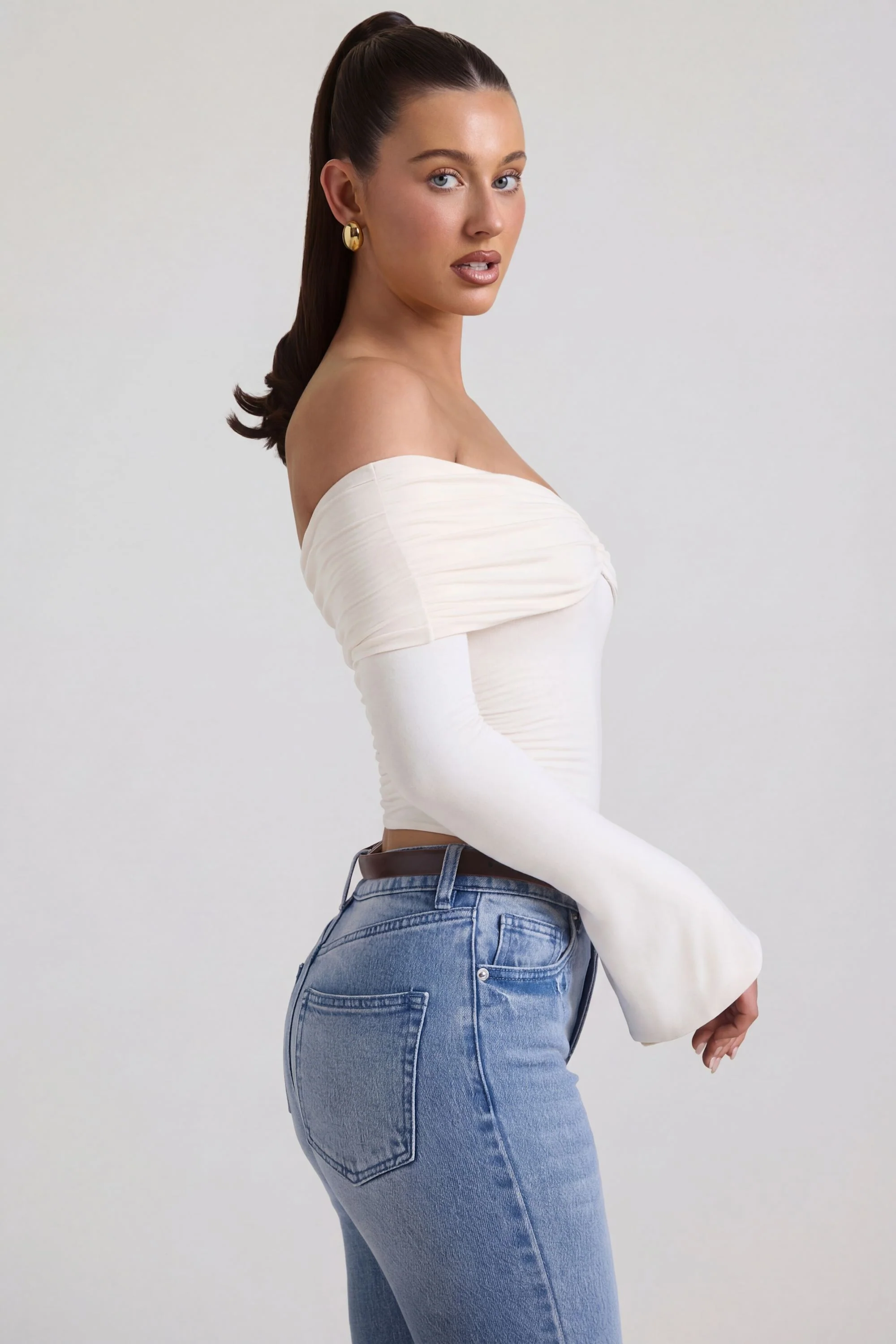 Modal-Cashmere Blend Off-Shoulder Ruched Top in Ivory - Image 4