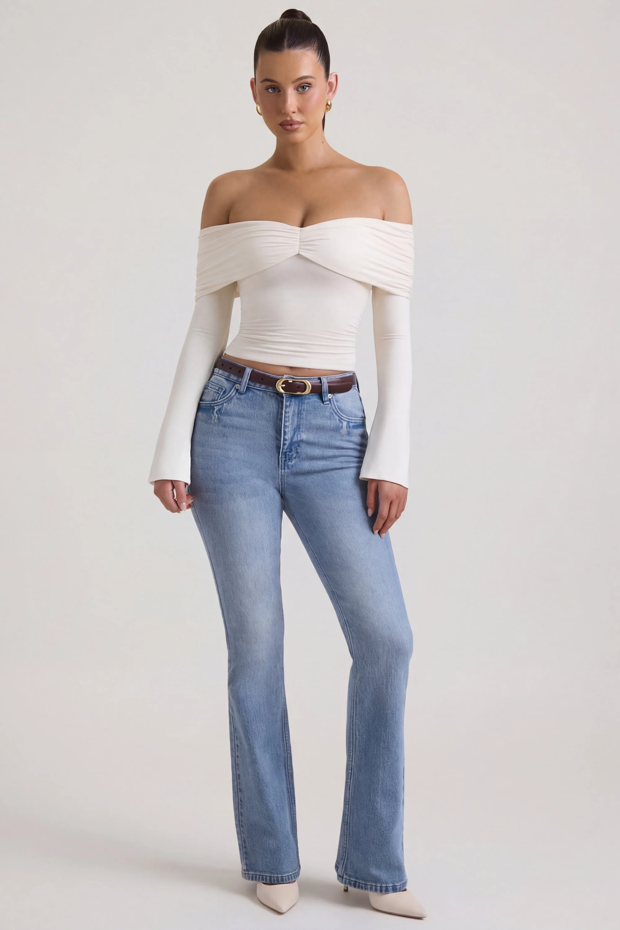 Modal-Cashmere Blend Off-Shoulder Ruched Top in Ivory - Image 5