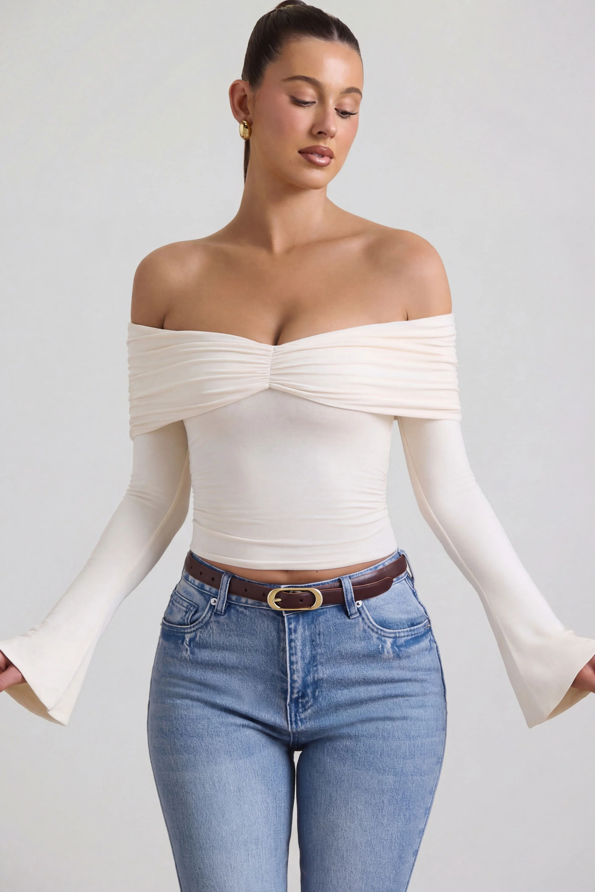 Modal-Cashmere Blend Off-Shoulder Ruched Top in Ivory - Image 6
