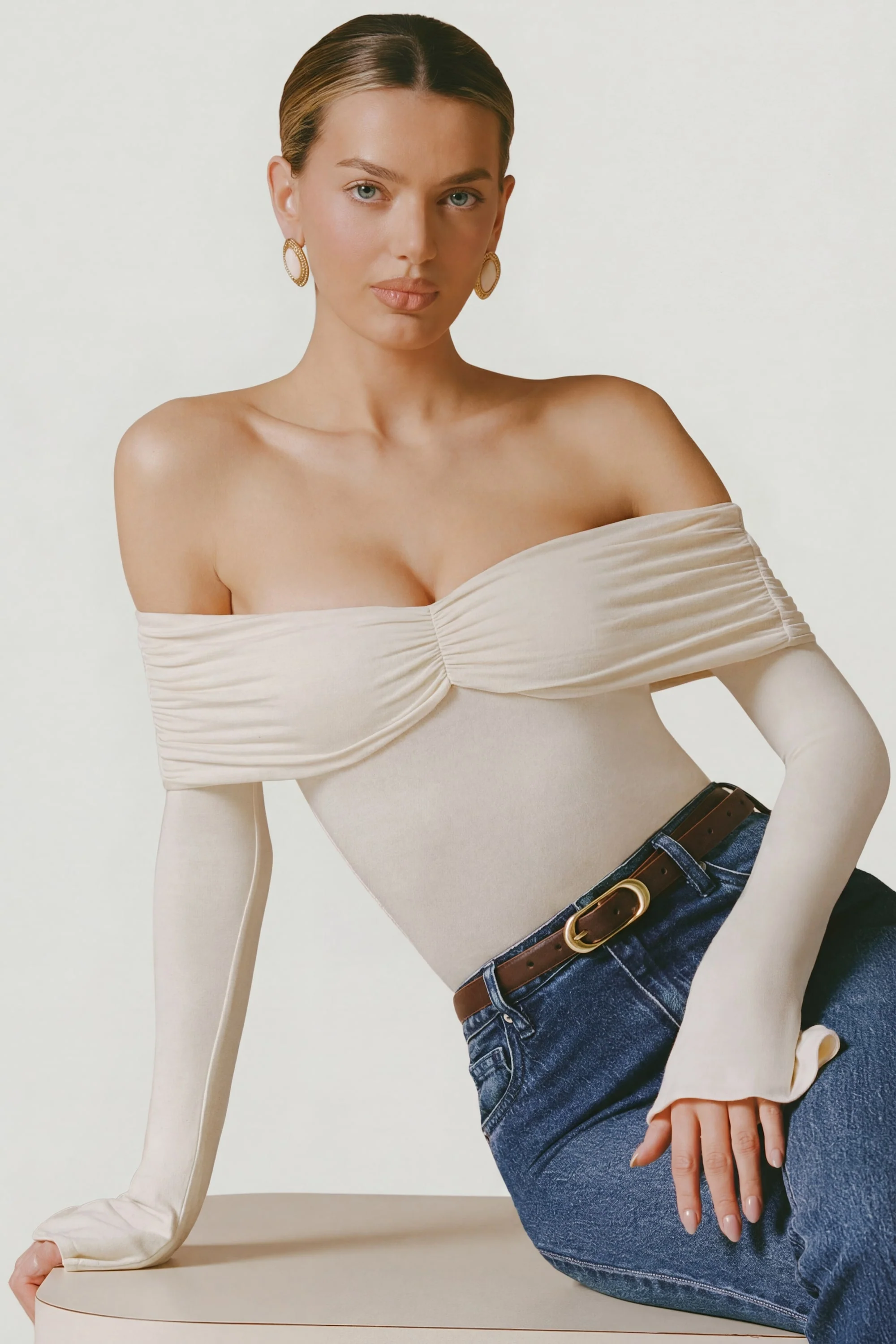 Modal-Cashmere Blend Off-Shoulder Ruched Top in Ivory - Image 8