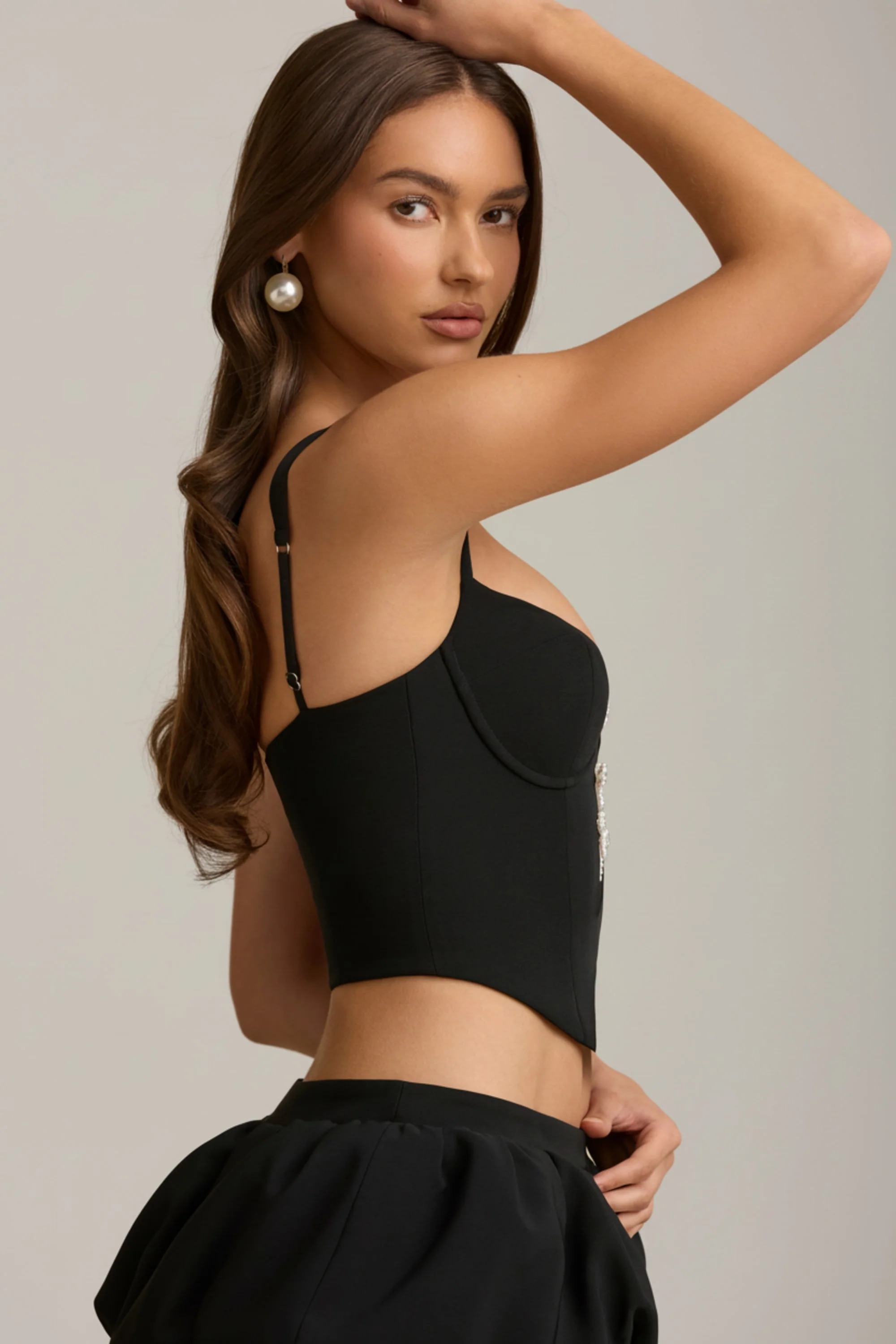 Cut-Out Bow-Detail Corset Top in Black - Image 3