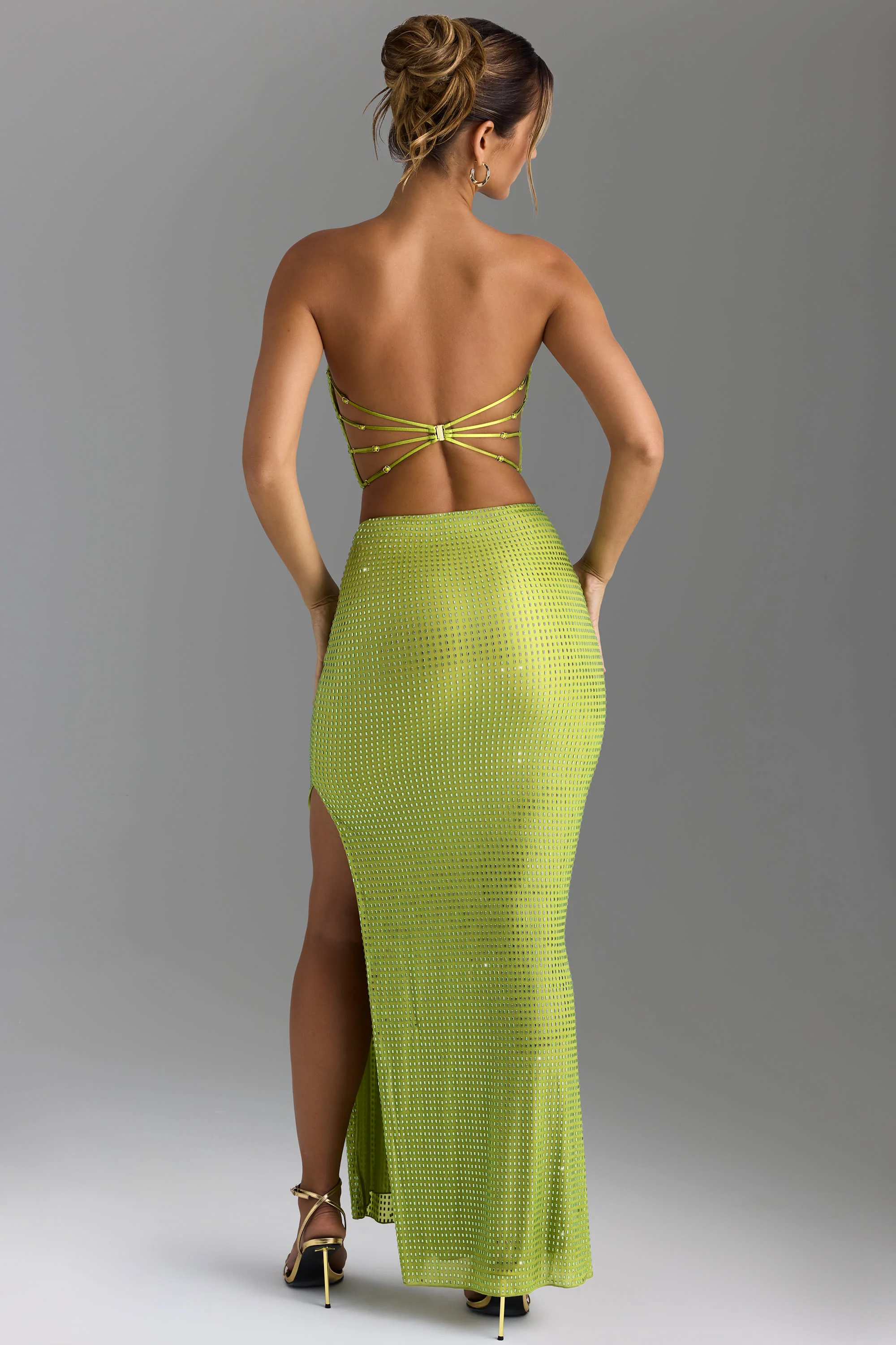 Embellished V-Waist Thigh-Split Maxi Skirt in Pear Green - Image 2