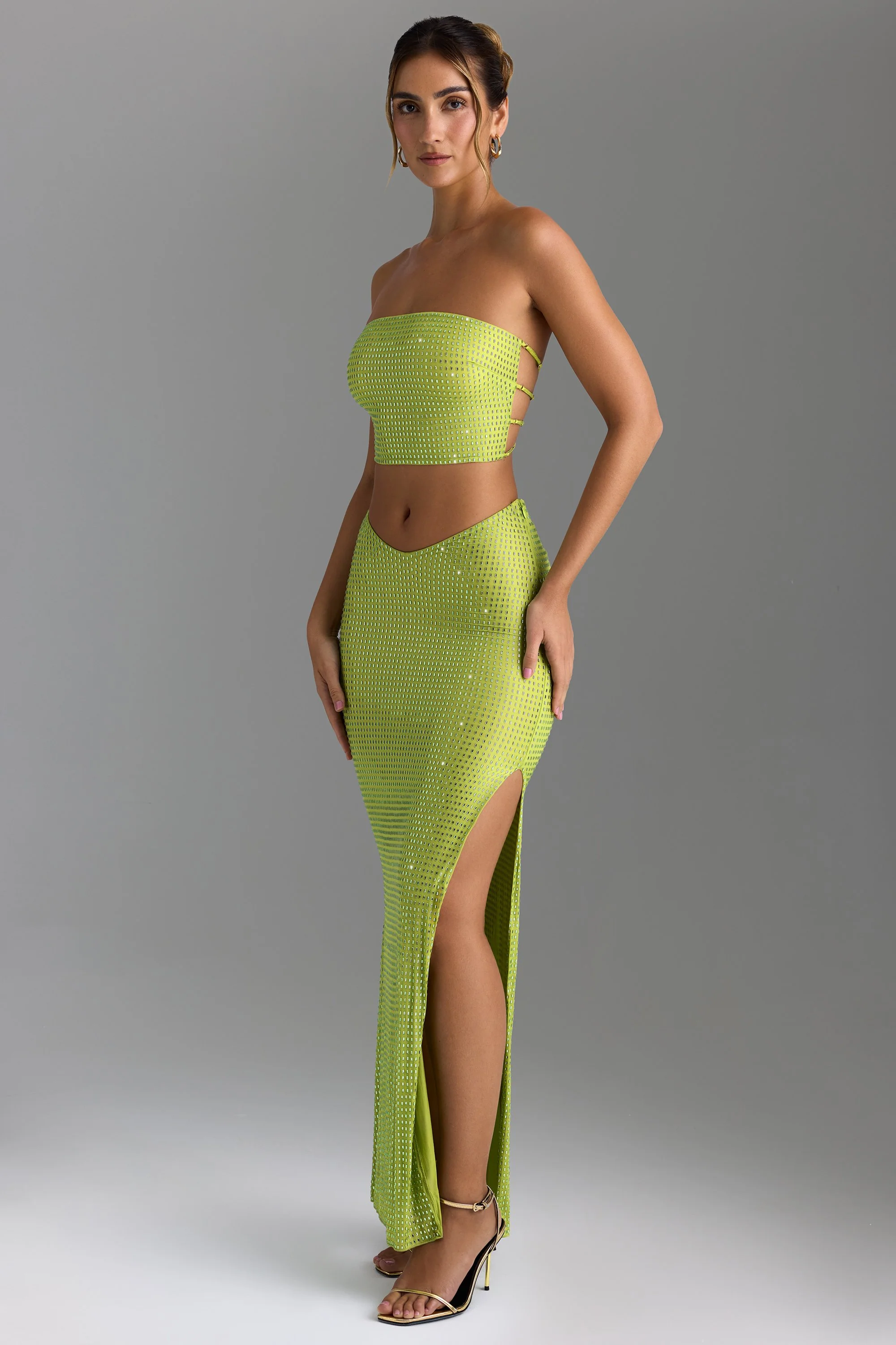 Embellished V-Waist Thigh-Split Maxi Skirt in Pear Green - Image 5