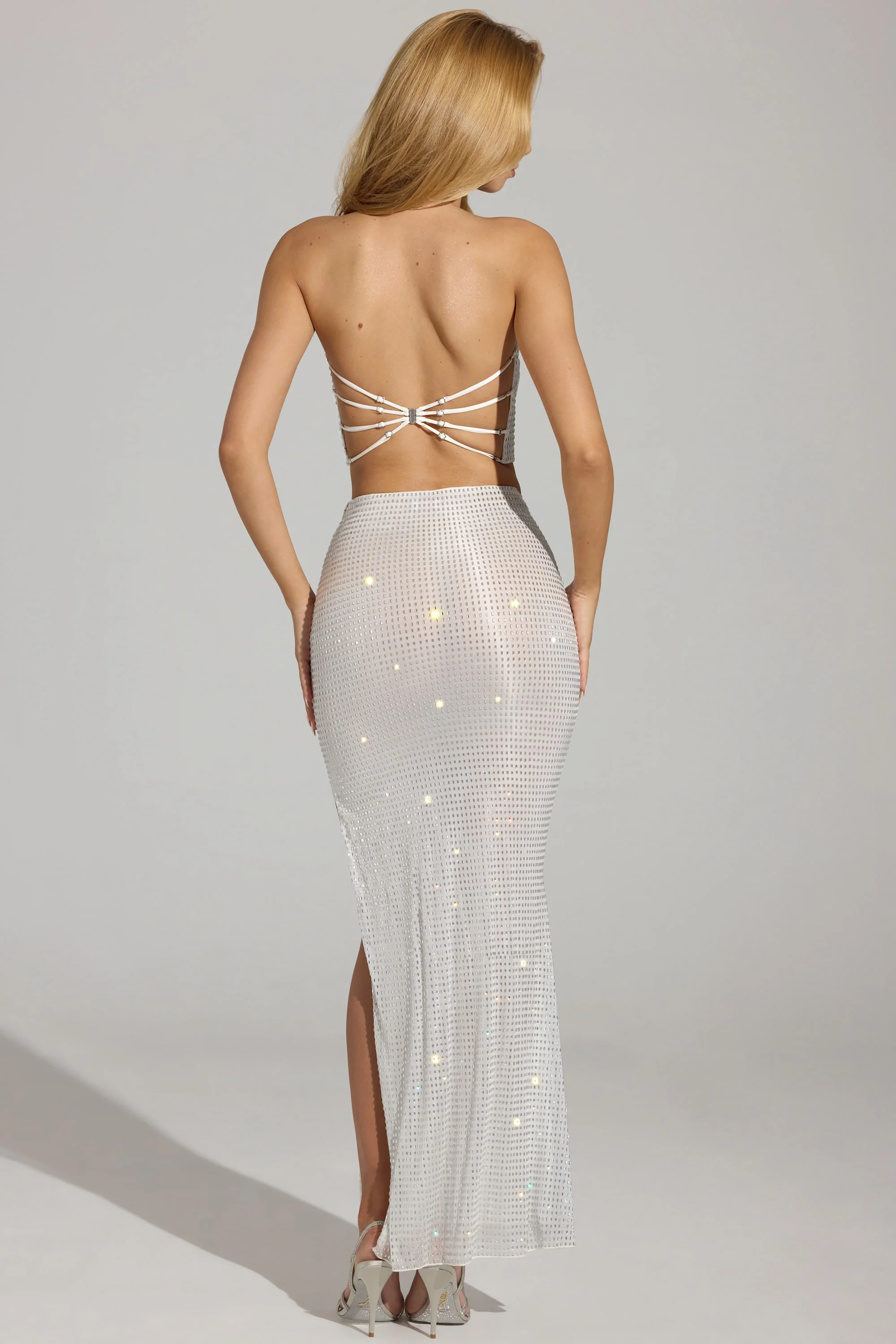 Embellished V-Waist Thigh-Split Maxi Skirt in White - Image 2