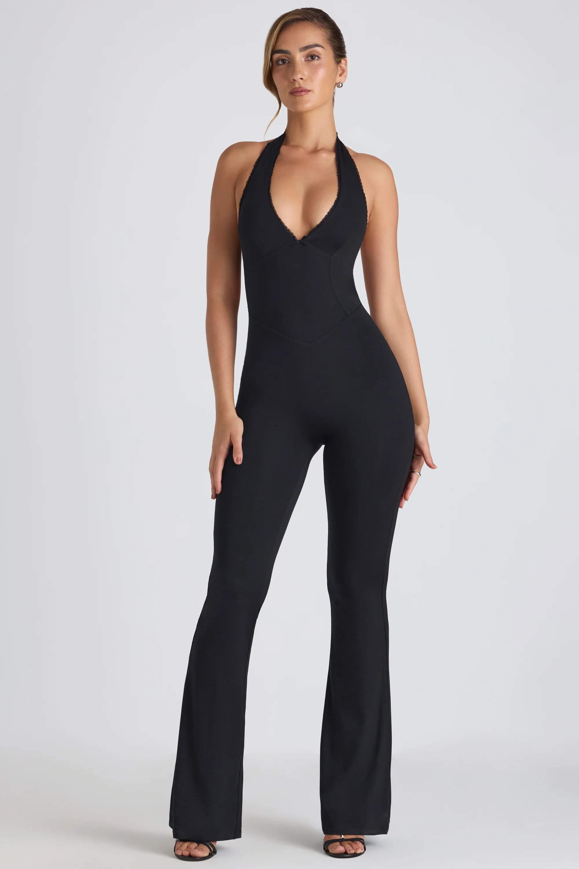 Modal Lace-Trim Cut-Out Flared Jumpsuit in Black - Image 2