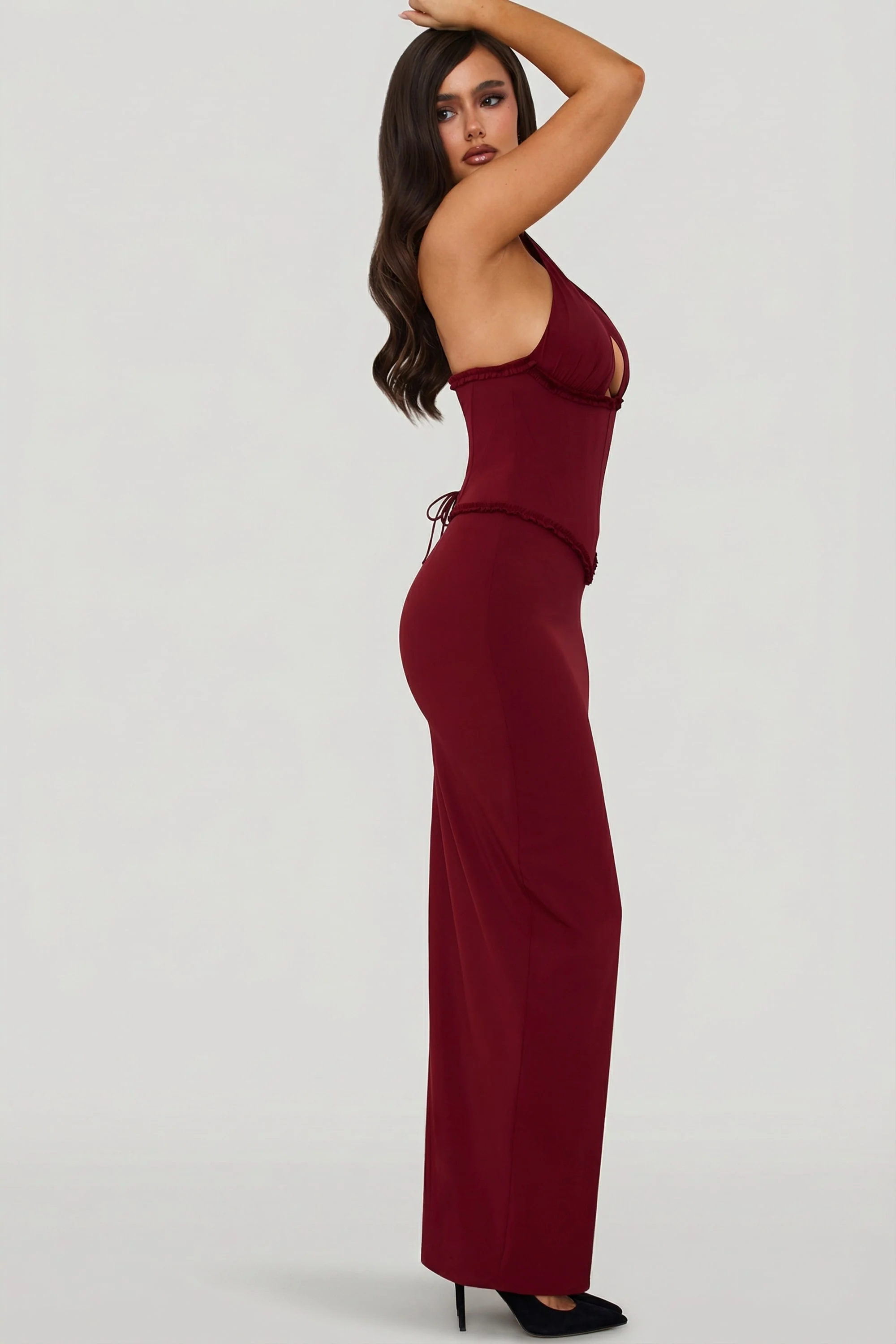 Halterneck Lace-Up Corset Maxi Dress in Berry Red - Image 4