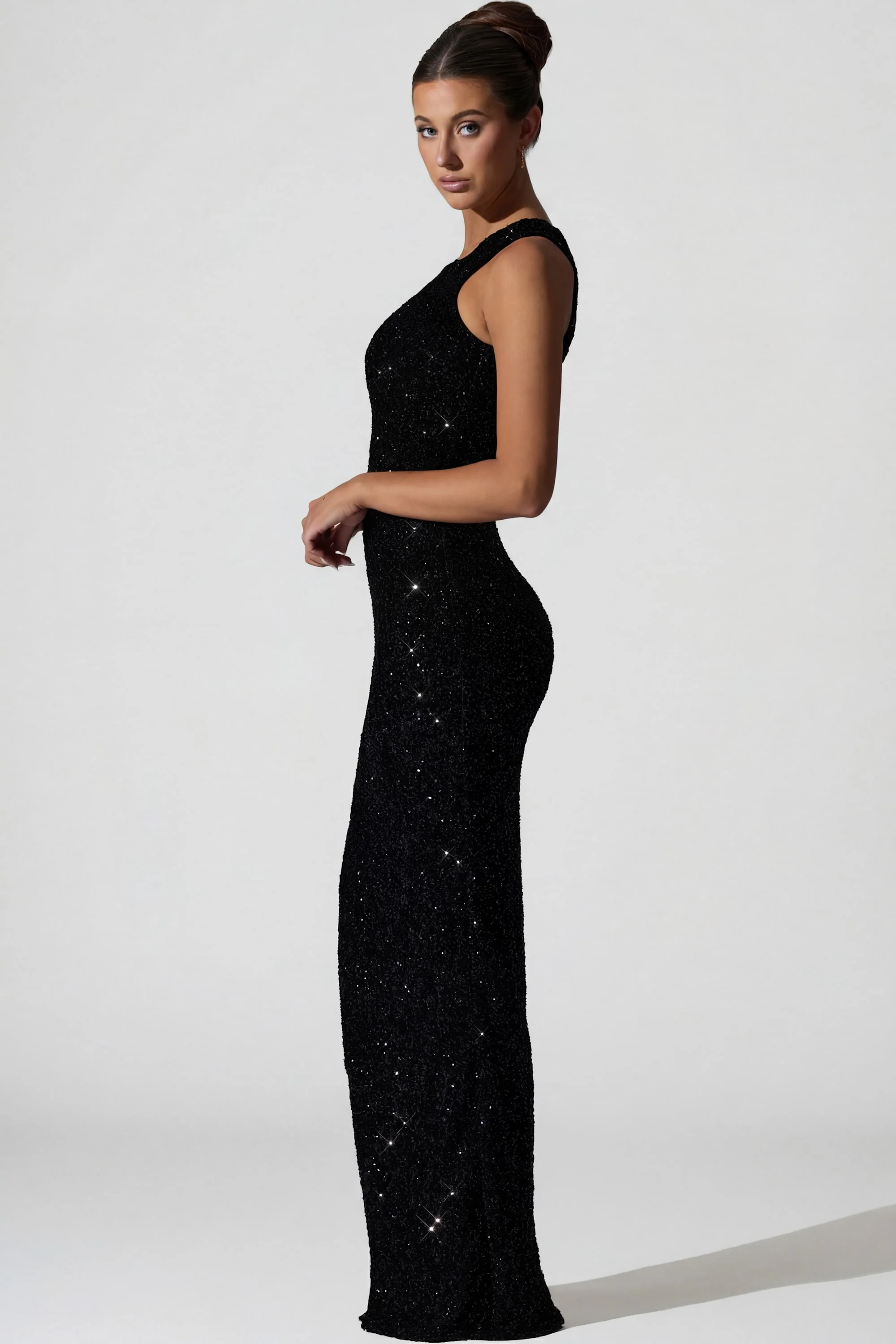 Embellished Asymmetric Cut-Out Gown in Black - Image 8
