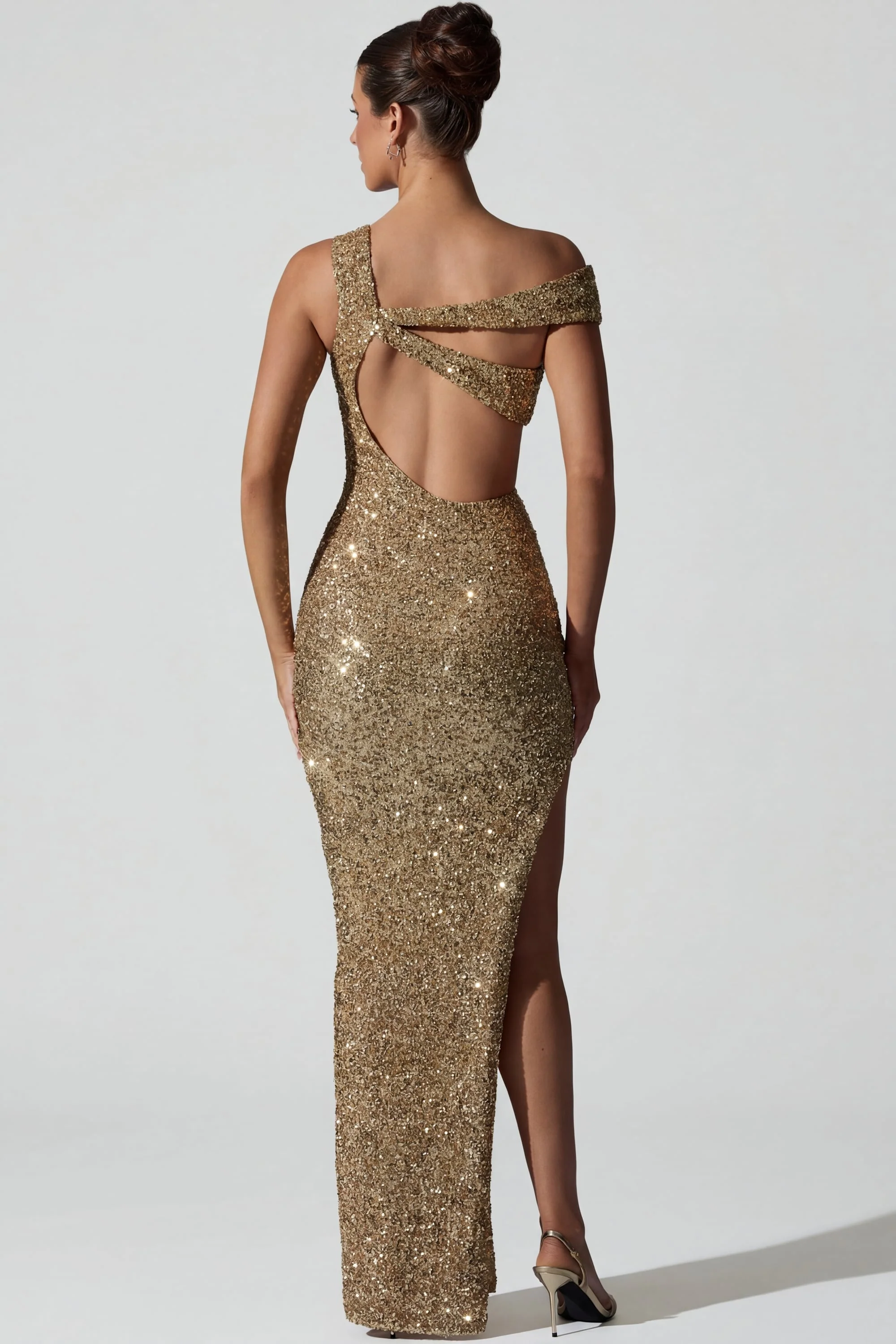 Embellished Asymmetric Cut-Out Gown in Gold - Image 2