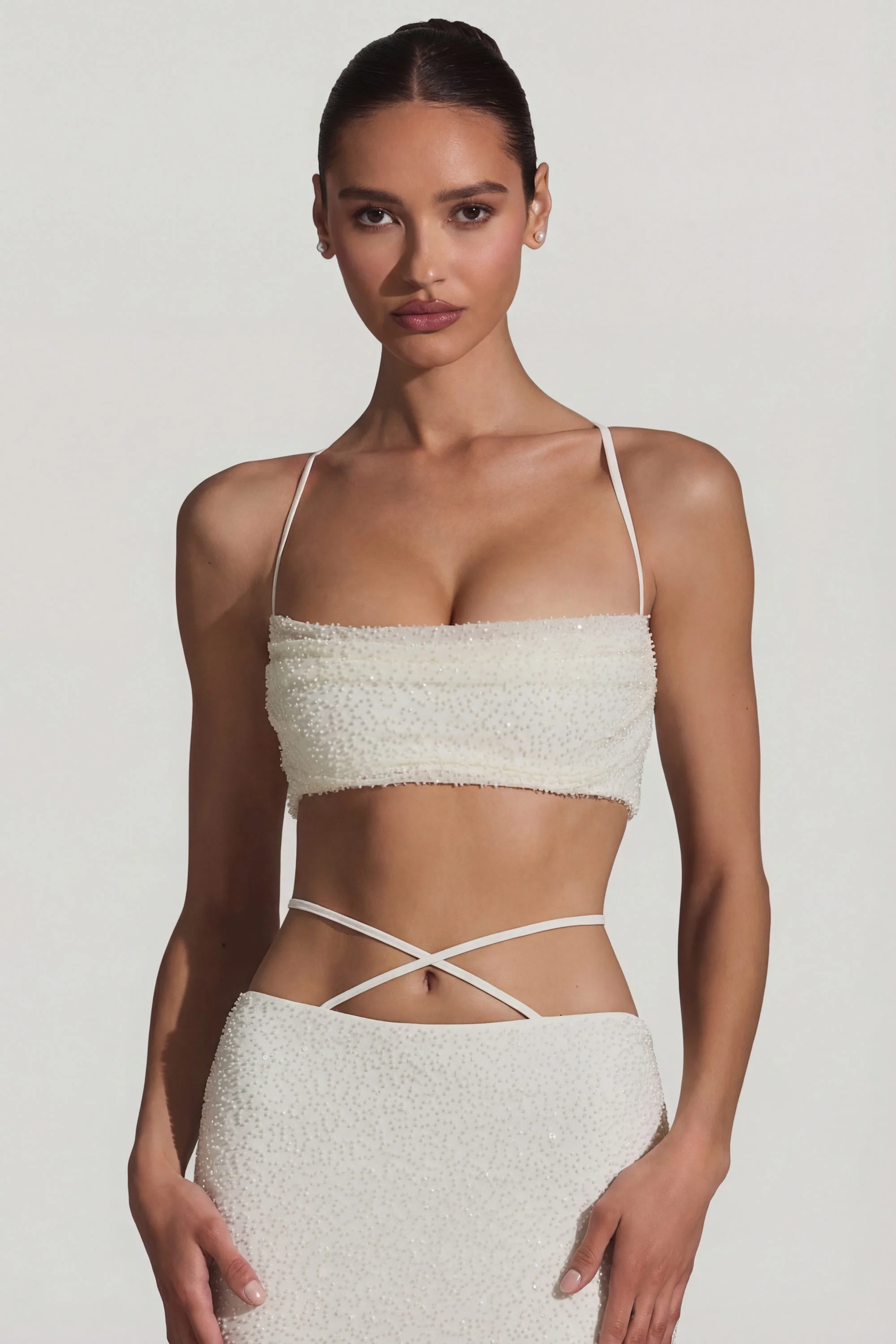 Embellished Cross Back Crop Top in White - Image 3