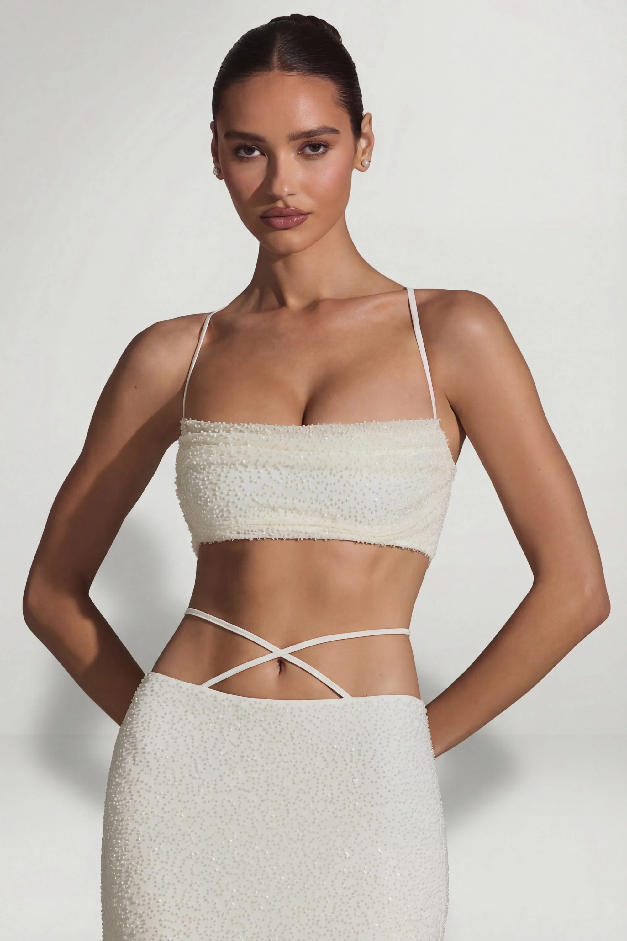 Embellished Cross Back Crop Top in White - Image 7