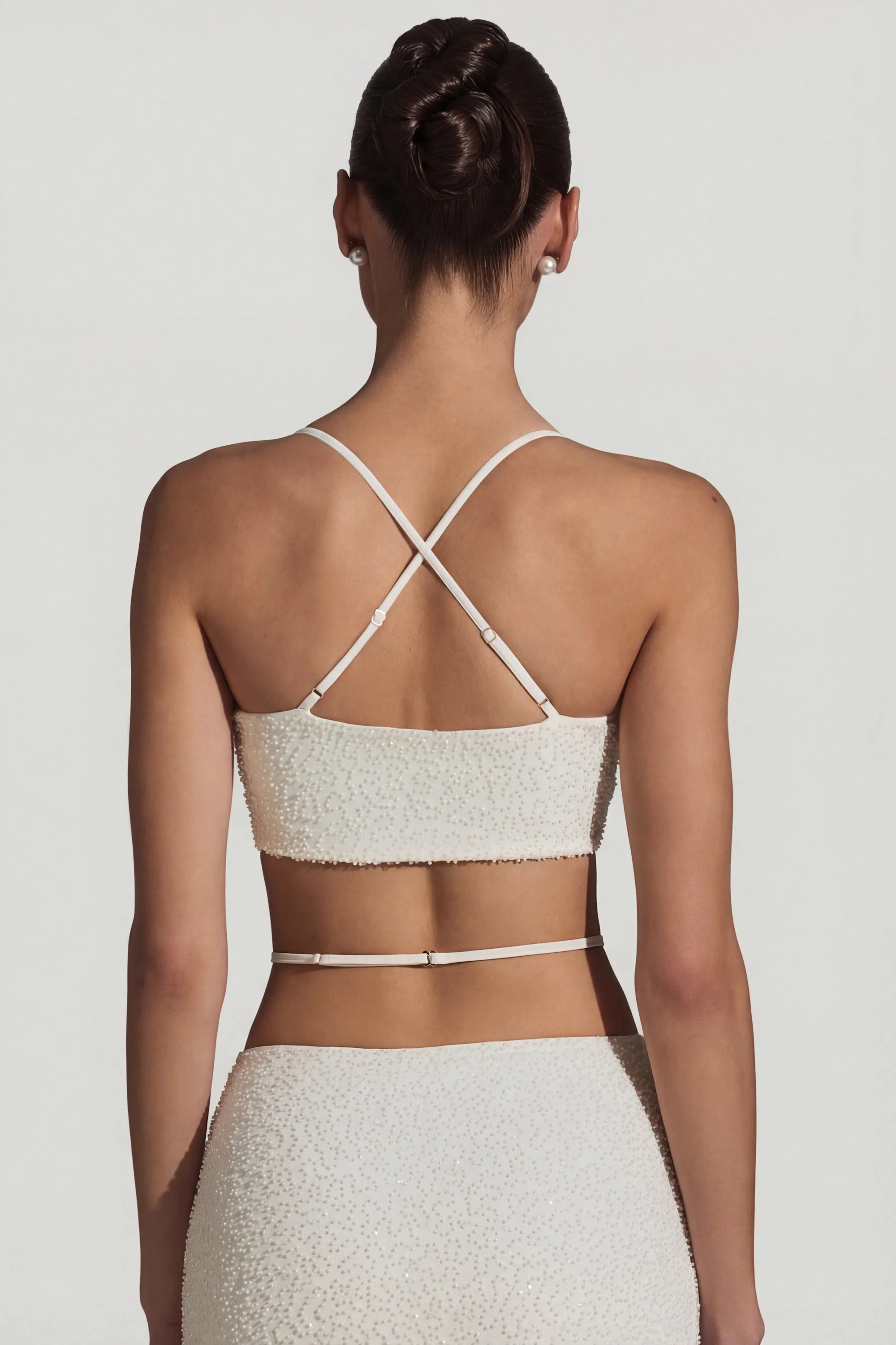 Embellished Cross Back Crop Top in White - Image 8