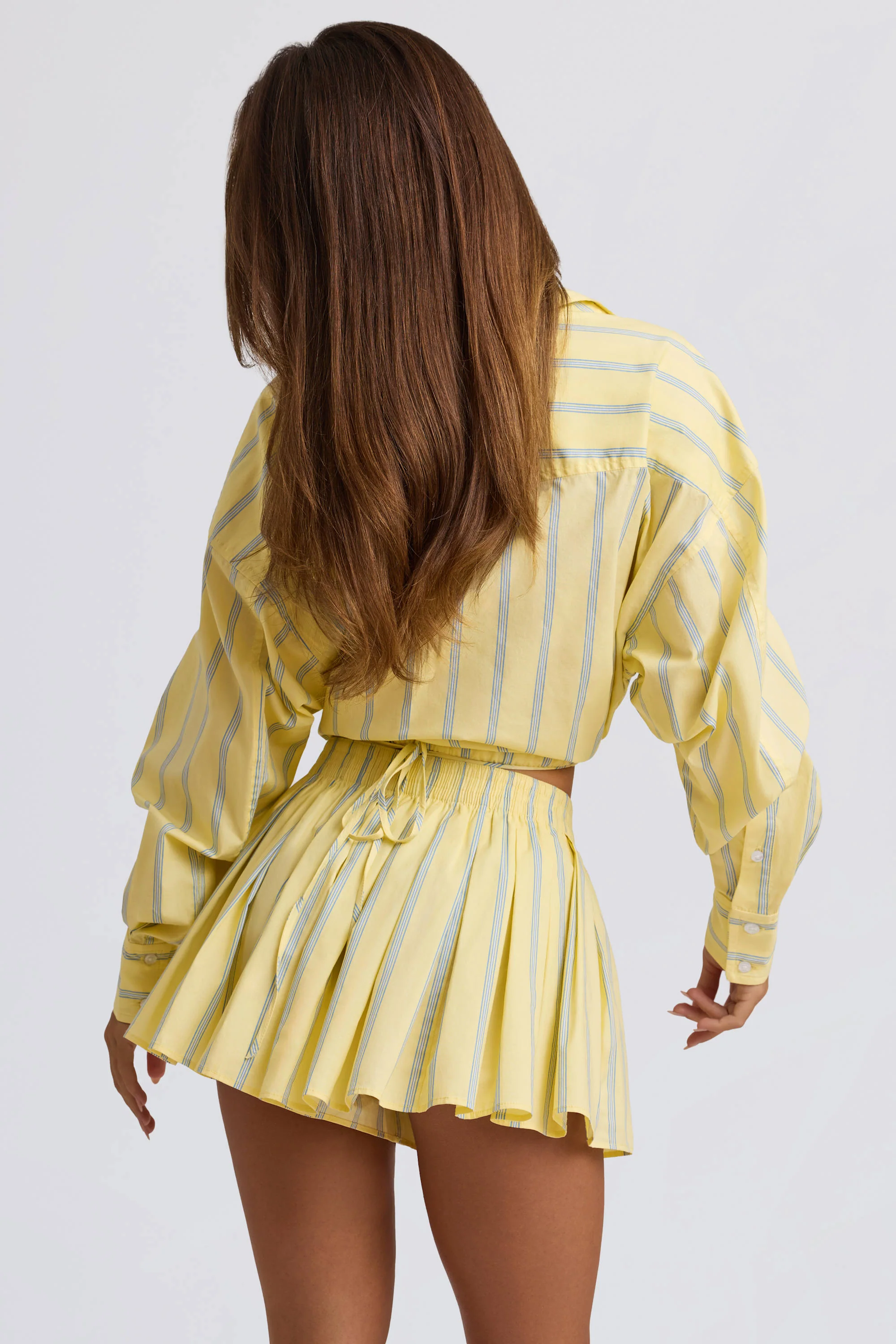 Cotton Poplin Stripe Pleated Shorts in Yellow Stripe - Image 2