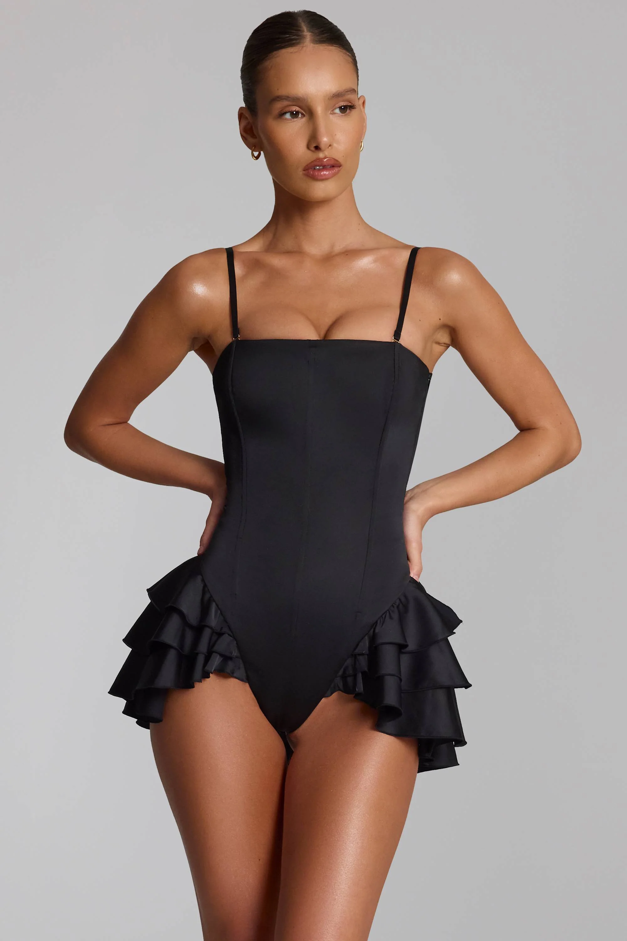 Ruffled Lace-Up Corset Playsuit in Black - Image 4