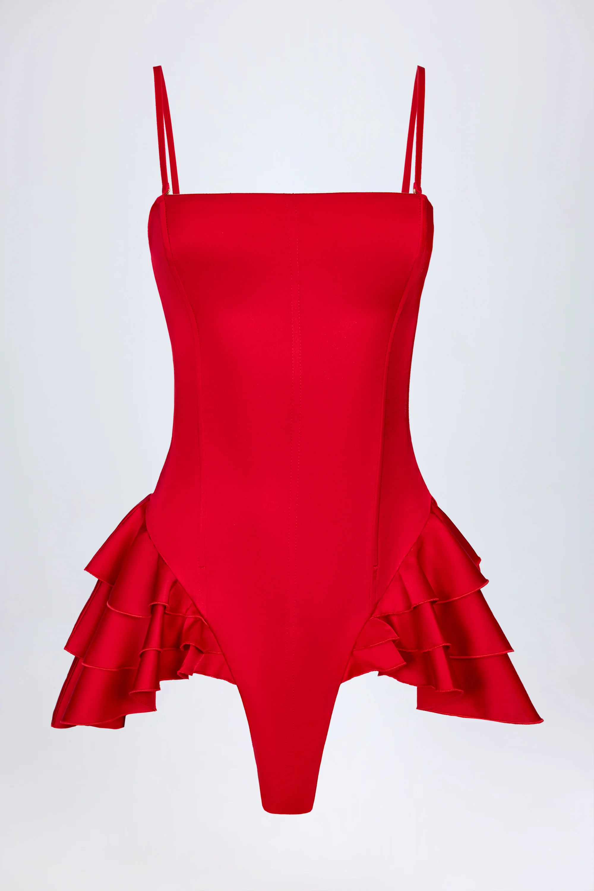 Ruffled Lace-Up Corset Playsuit in Fire Red - Image 6