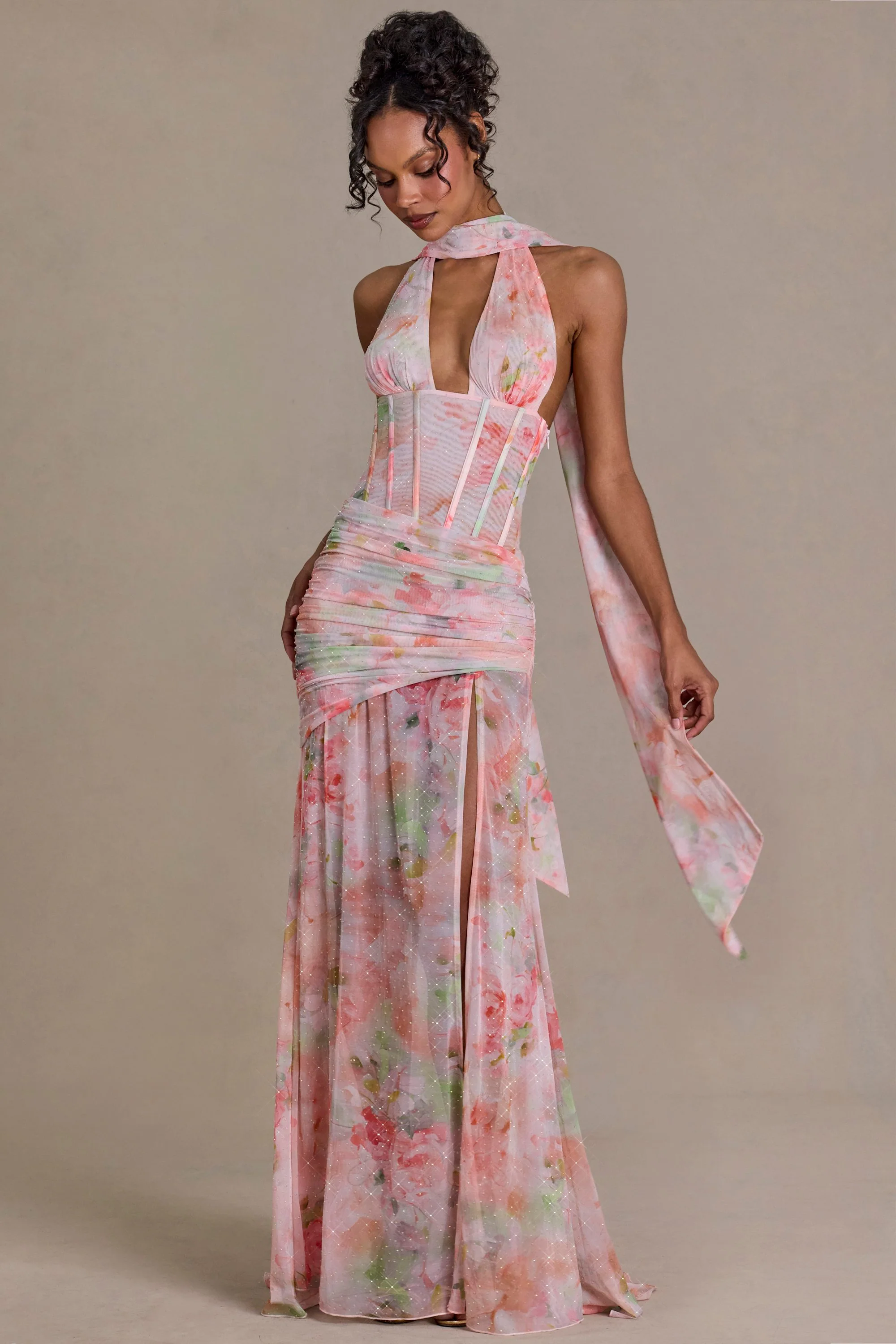 Embellished Scarf-Detail Maxi Dress in Pink Floral Print - Image 4