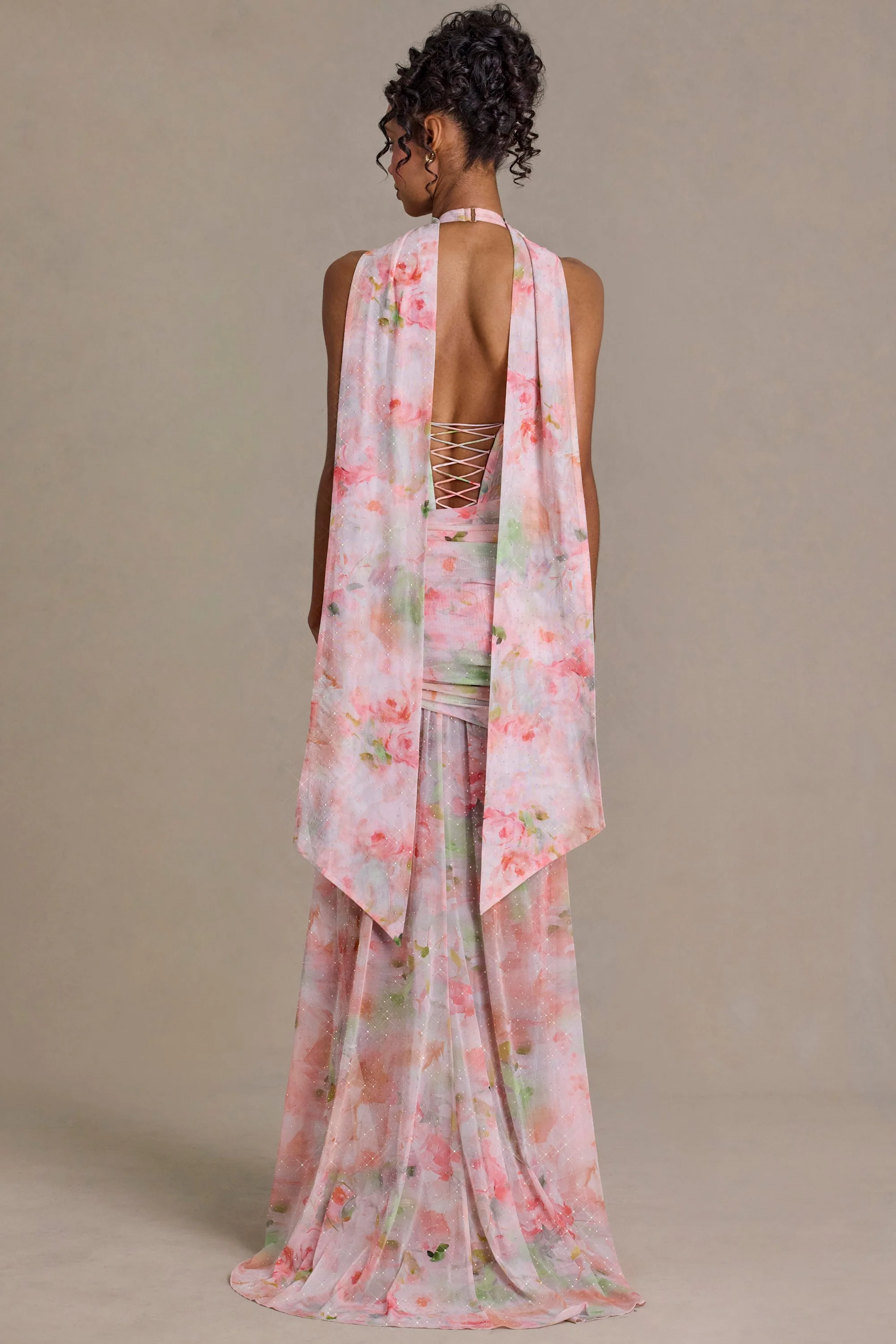 Embellished Scarf-Detail Maxi Dress in Pink Floral Print - Image 5